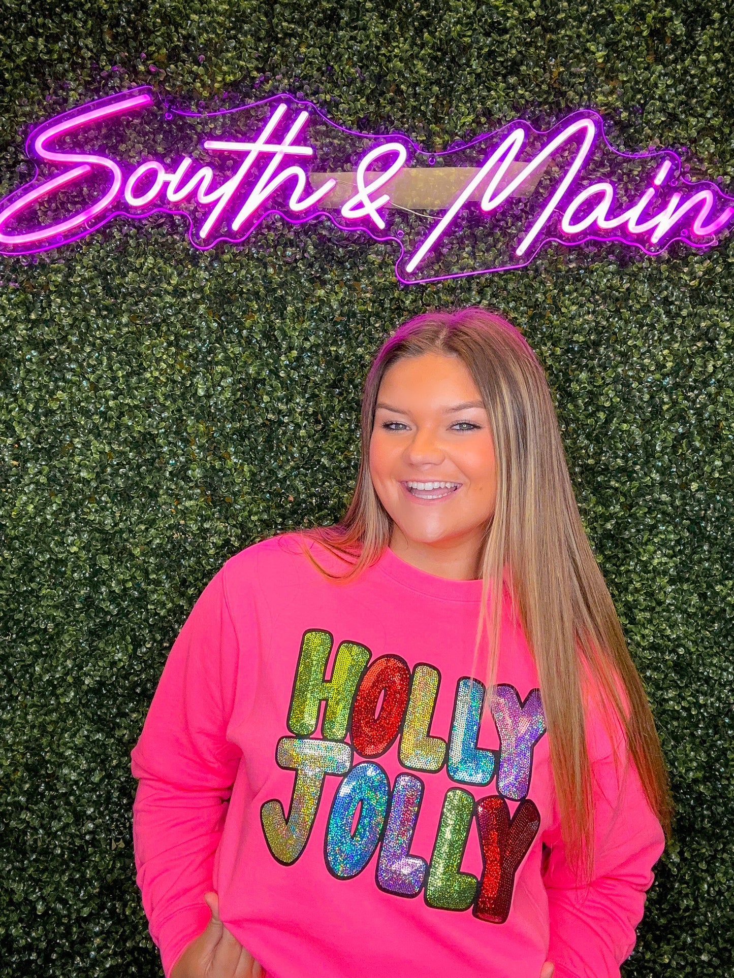 HOLLY JOLLY Sequin Sweatshirt - Bright Pink