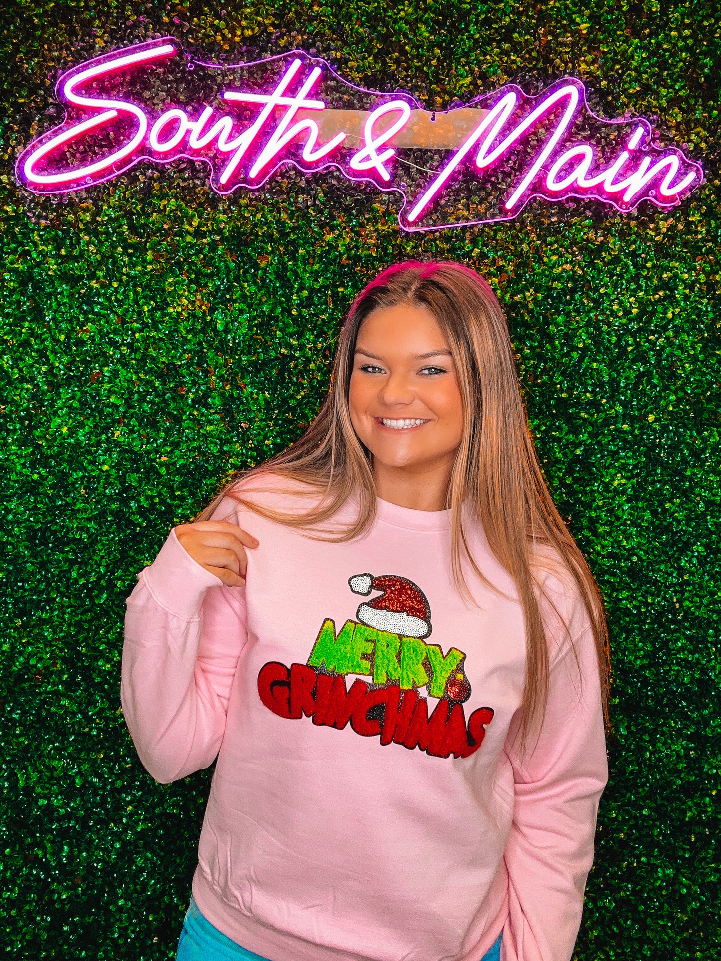 Merry Grinchmas Chenille Sweatshirt - Light Pink