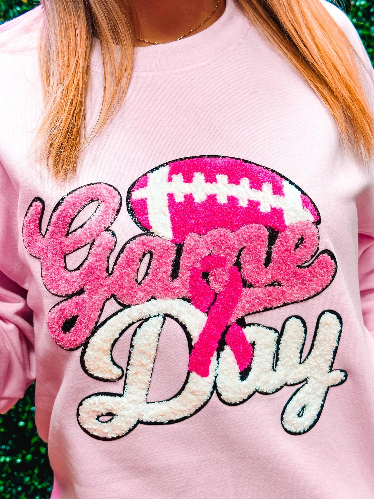 Pink Breast Cancer Awareness Game Day Football Chenille Sweatshirt