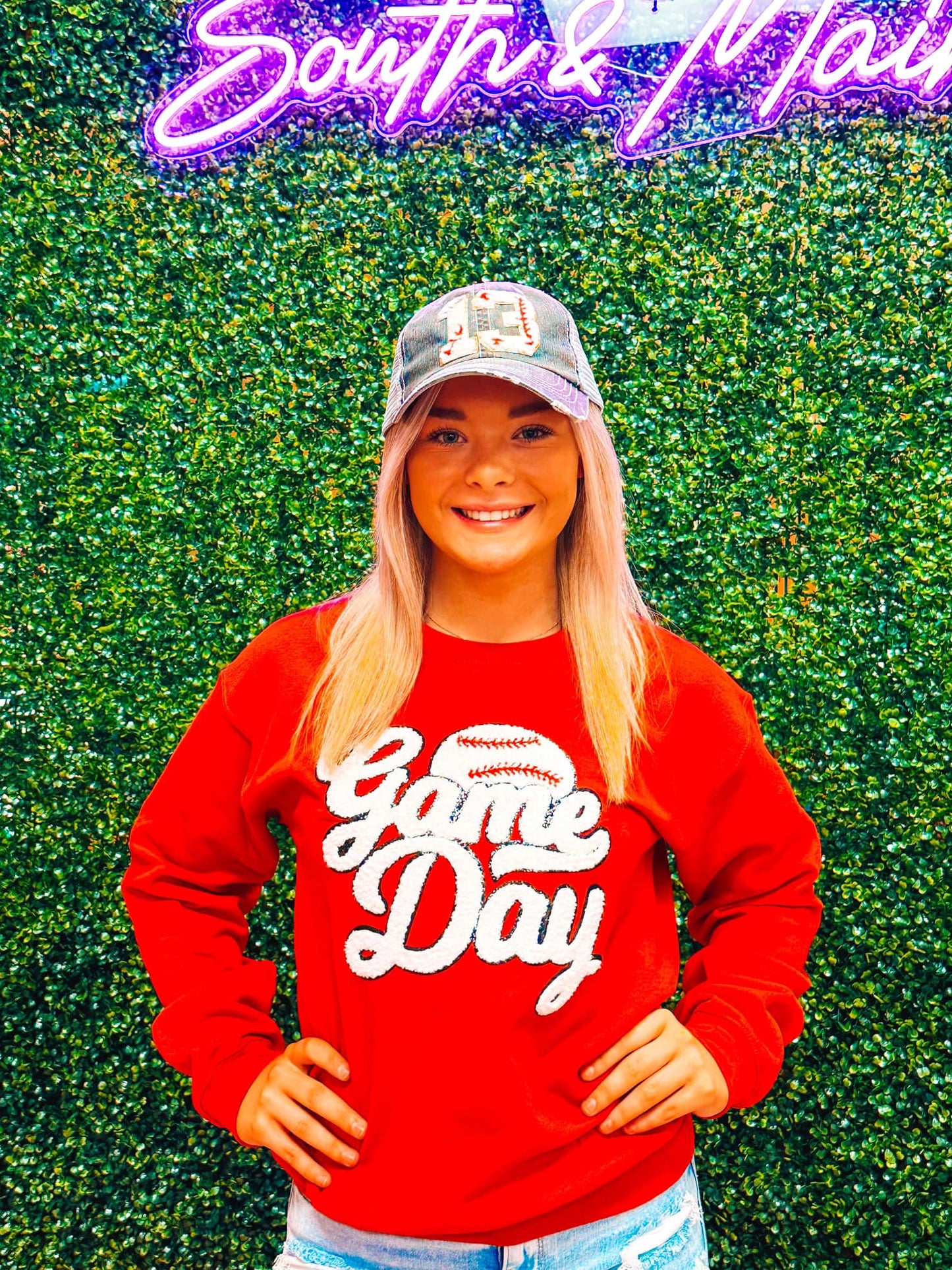 White Game Day Baseball Chenille Sweatshirt