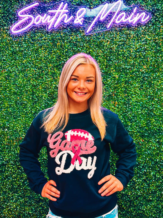 Pink Breast Cancer Awareness Game Day Football Chenille Sweatshirt