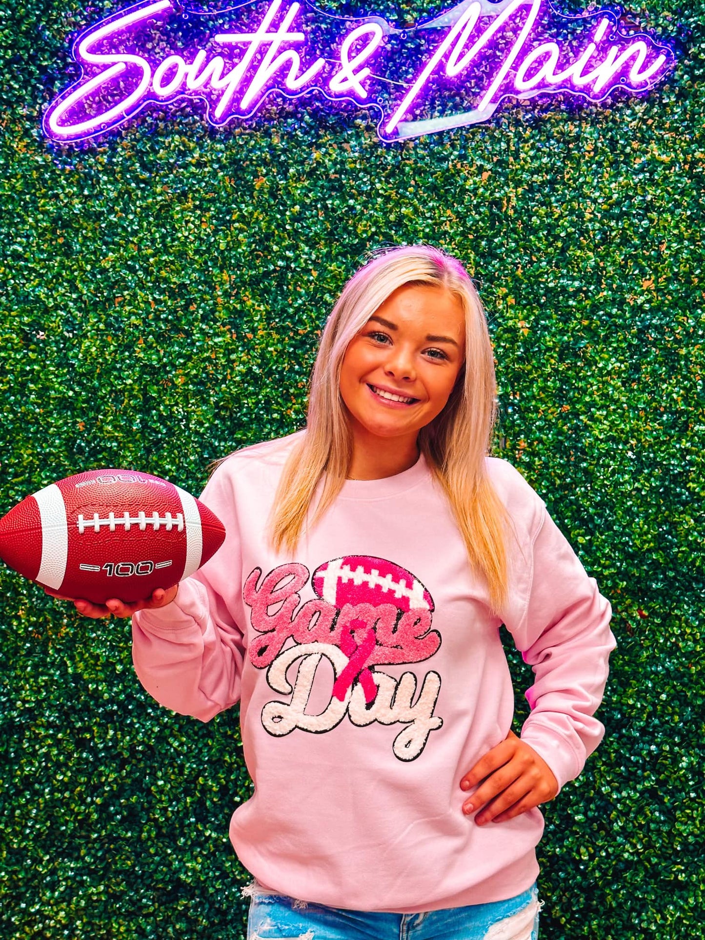 Pink Breast Cancer Awareness Game Day Football Chenille Sweatshirt