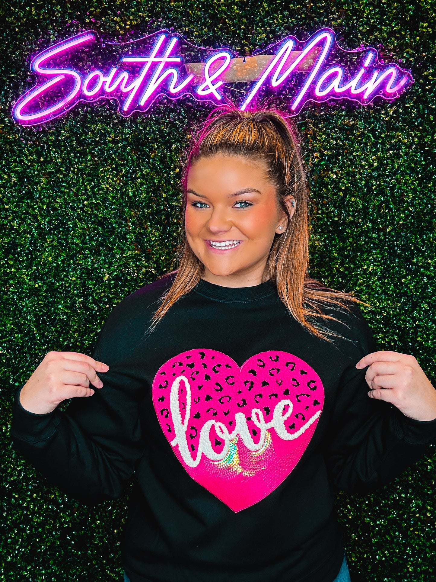 Leopard Hot Pink Love Heart Chenille Sequin Sweatshirt