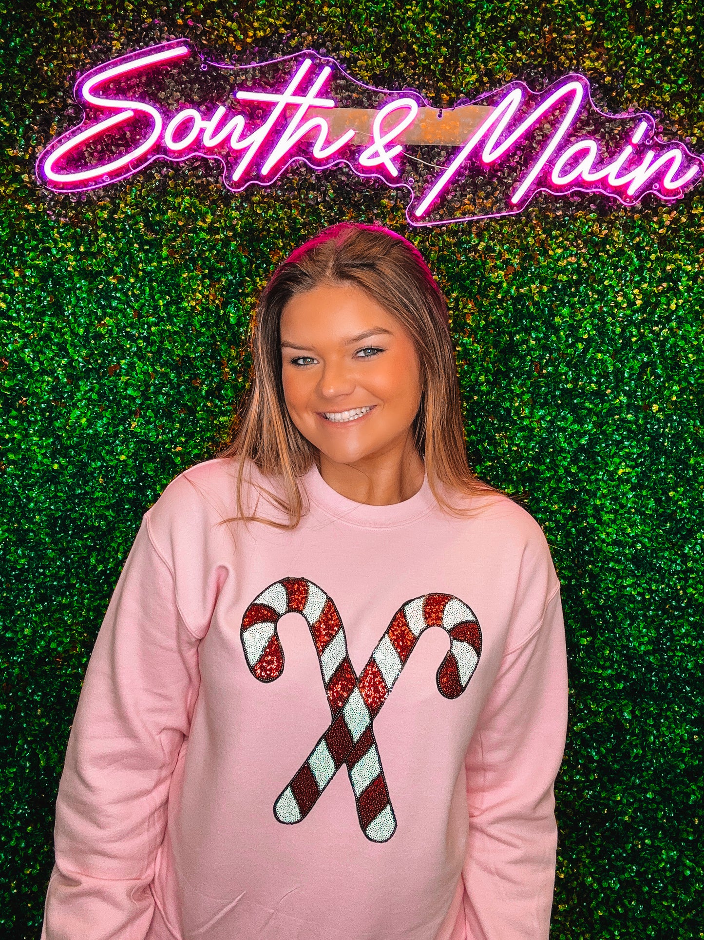 Candy Cane Sequin Sweatshirt - Light Pink