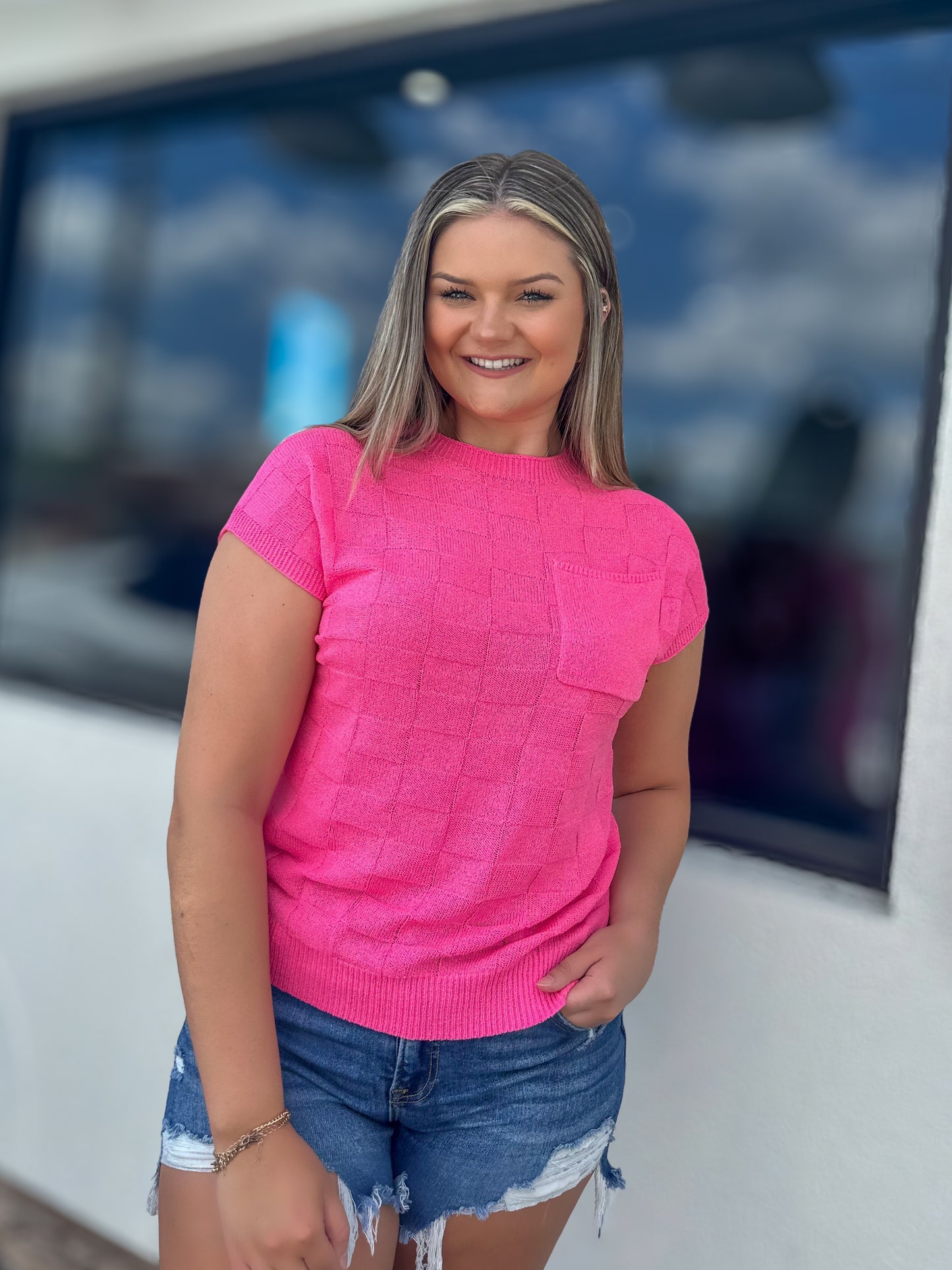 Checkered Knit Pink Top