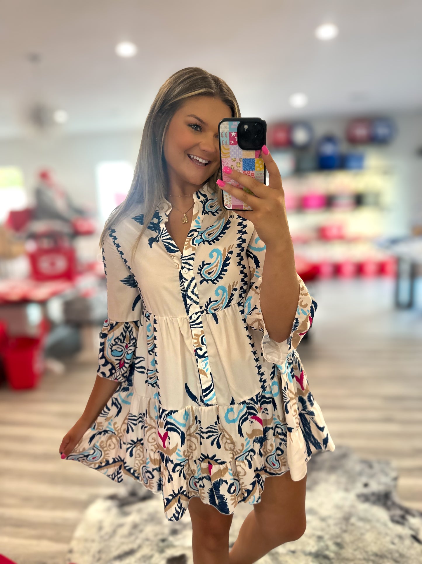Buttoned Ethnic Print Mini Dress