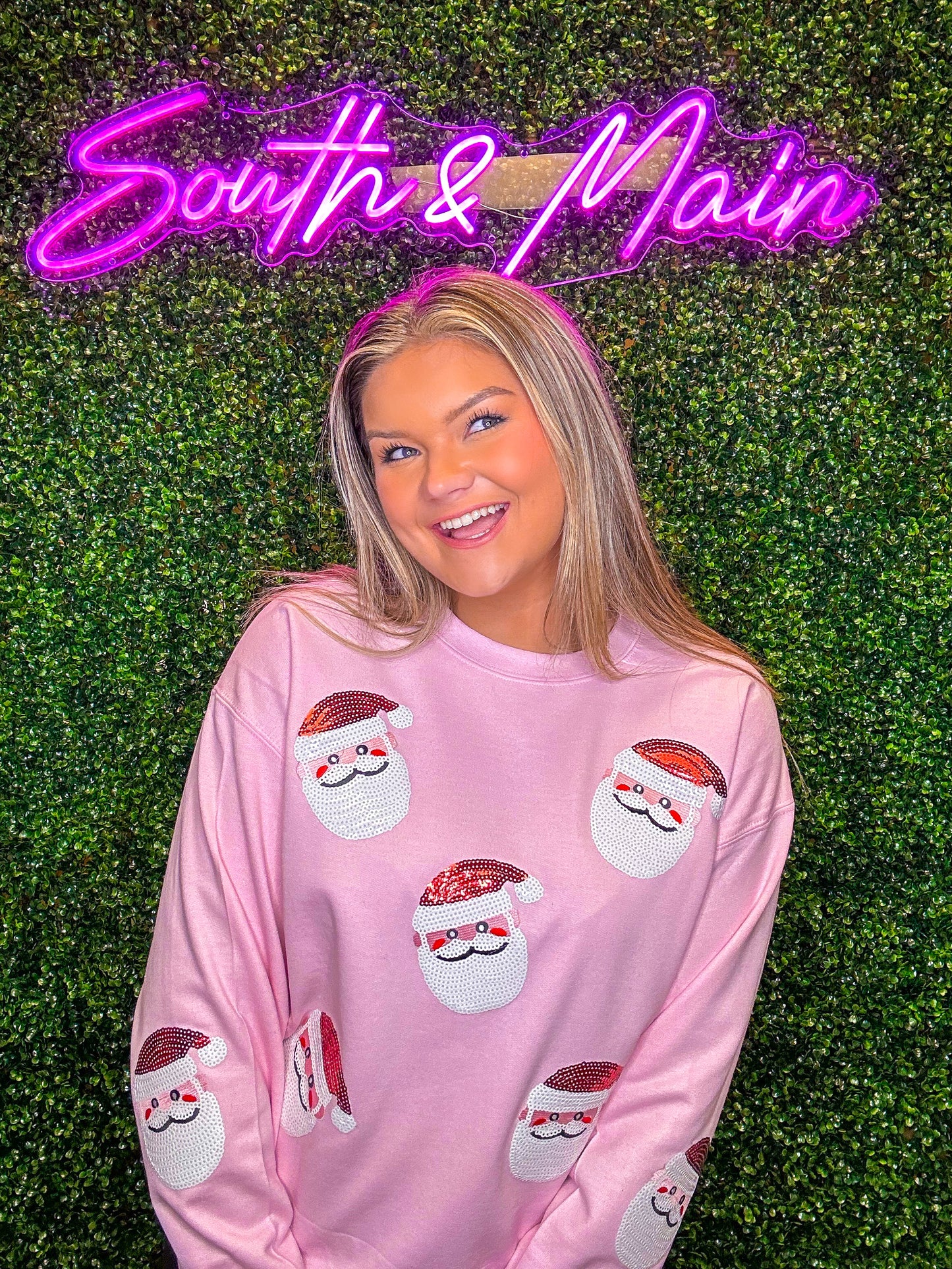 Sequin Santa Sweatshirt - Light Pink