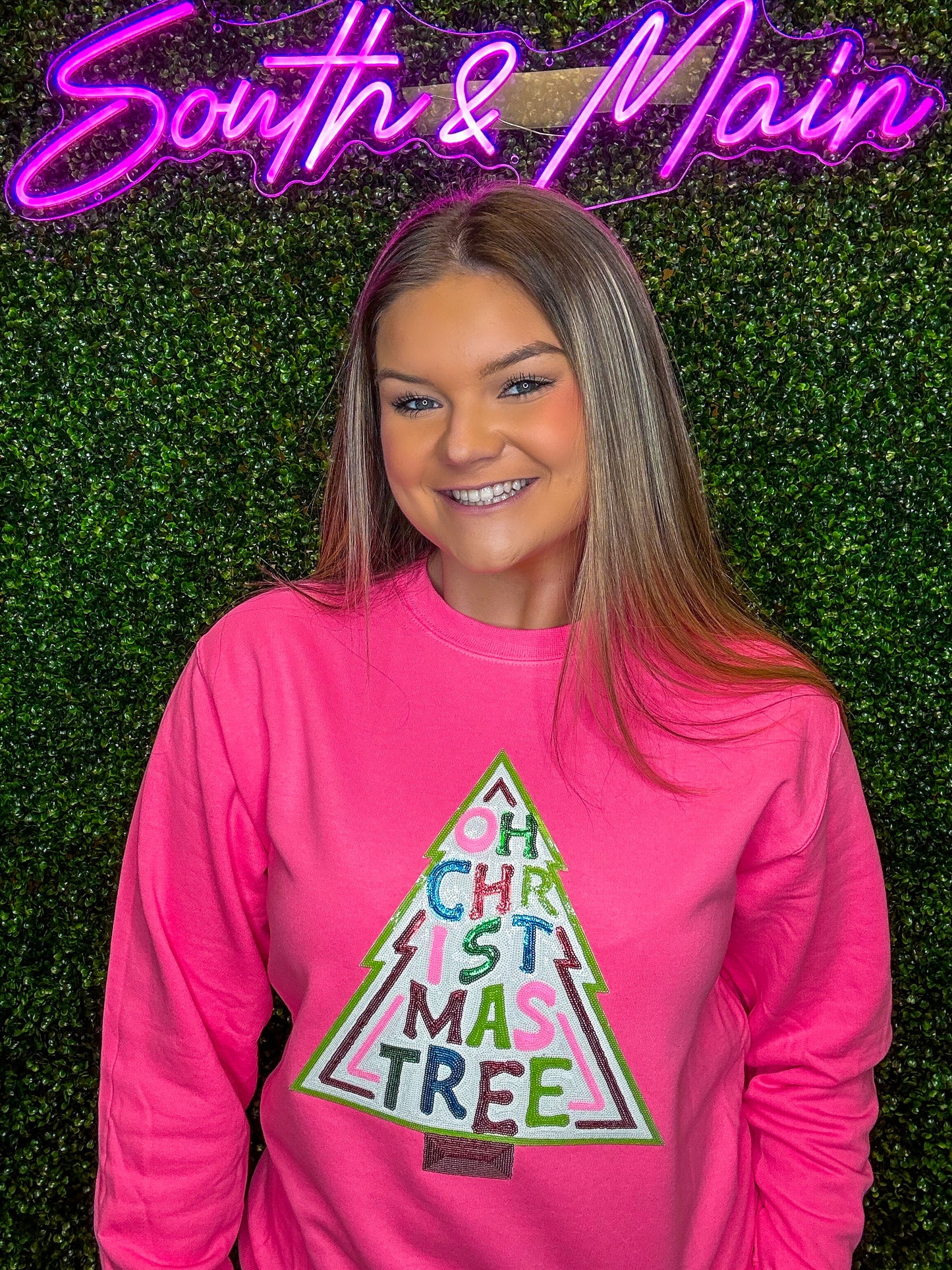 Oh Christmas Tree Sequin Sweatshirt - Bright Pink