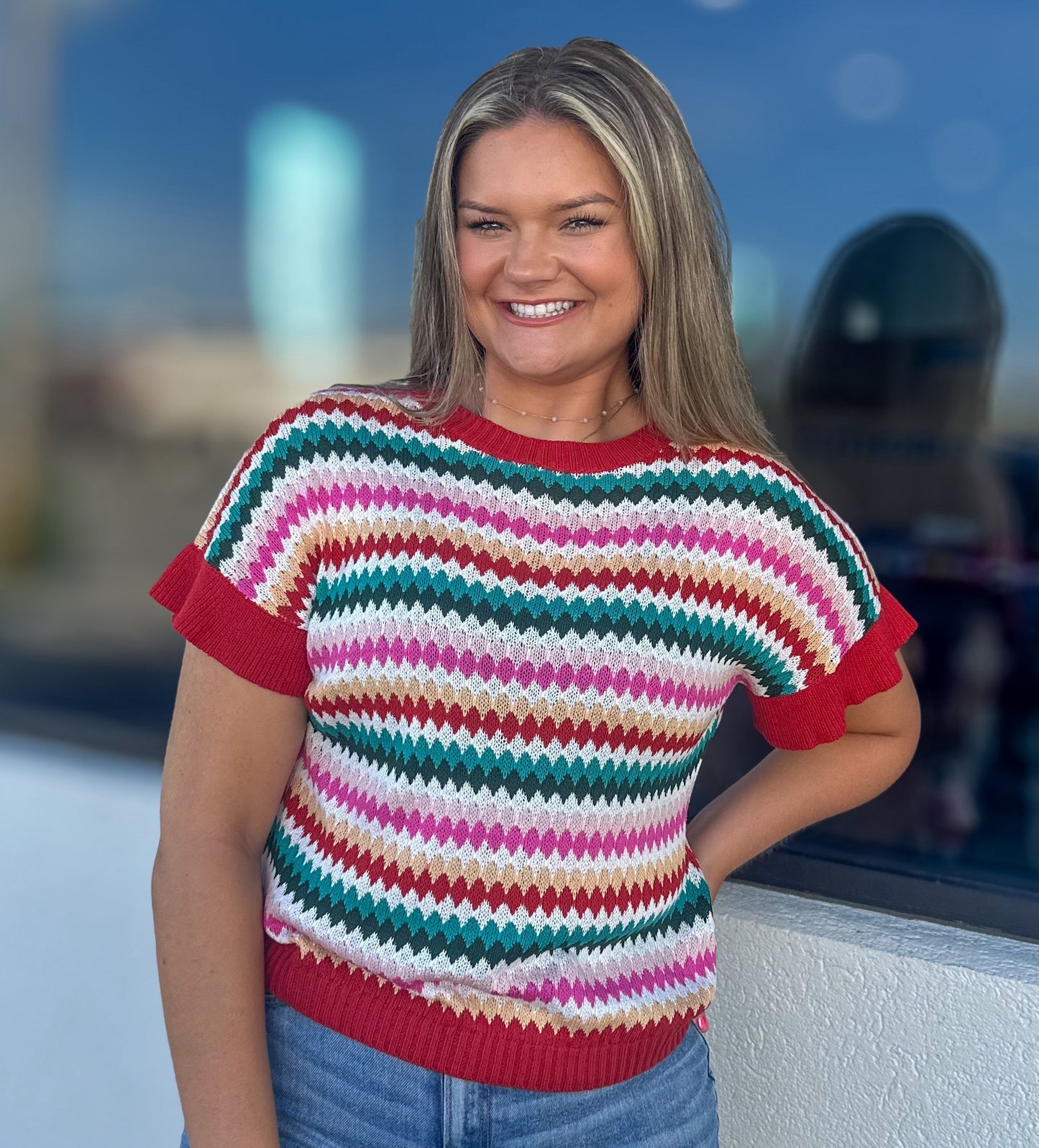 Red Multi-Colored Textured Ruffle Sleeve Top