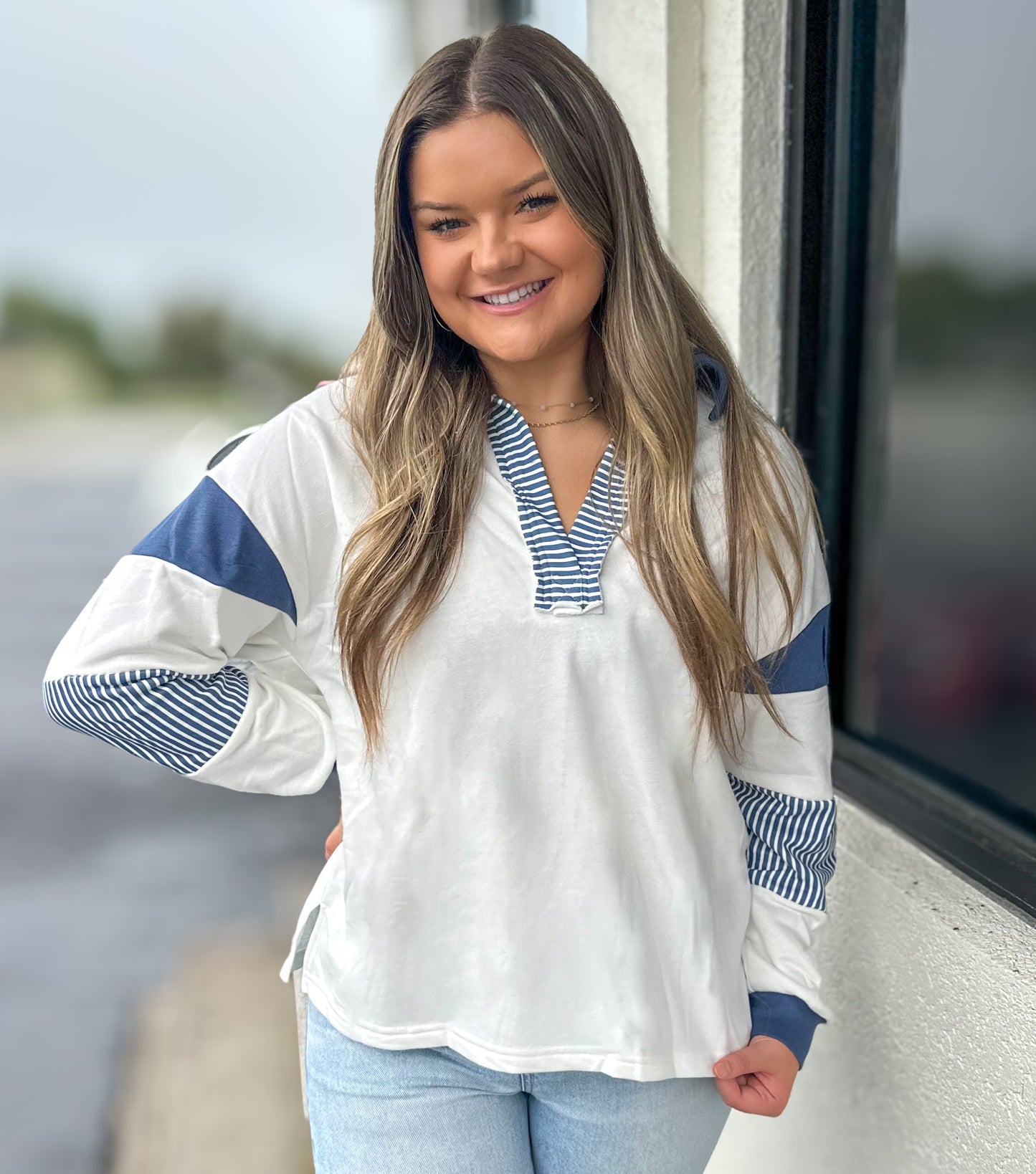 Blue/White V-Neck Collard Sweatshirt