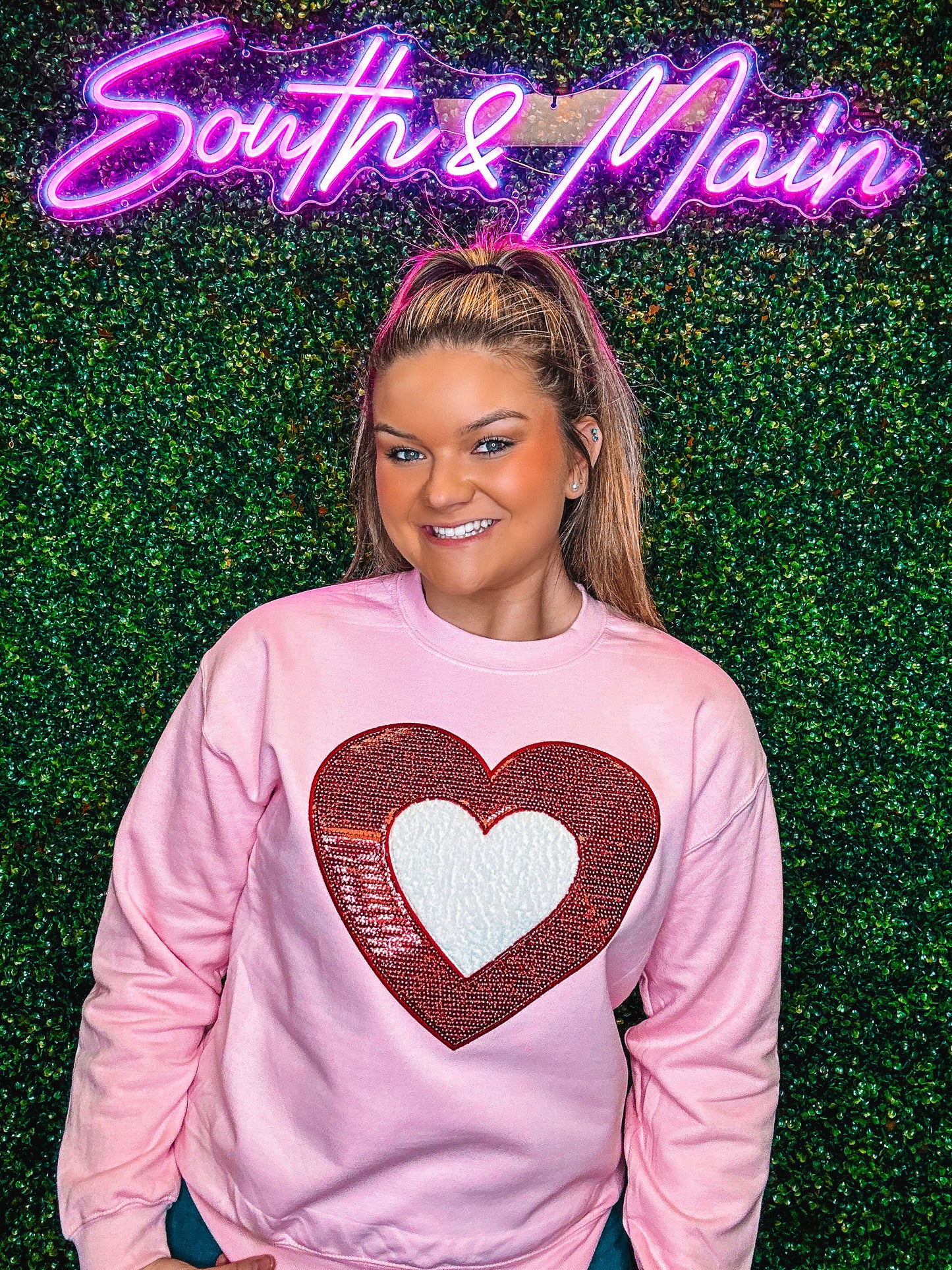 Red Sequin Heart - White Chenille Heart Sweatshirt
