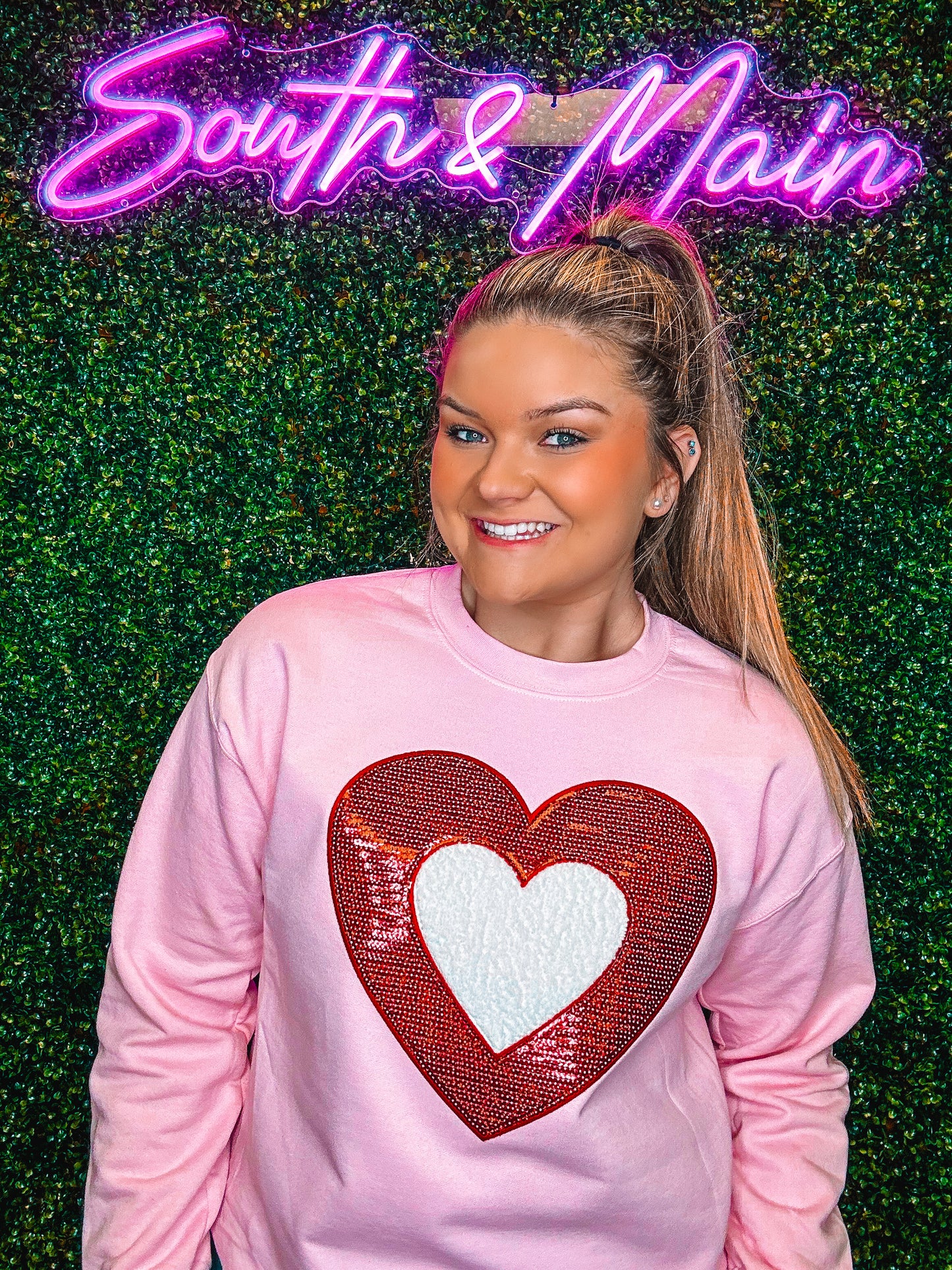 Red Sequin Heart - White Chenille Heart Sweatshirt