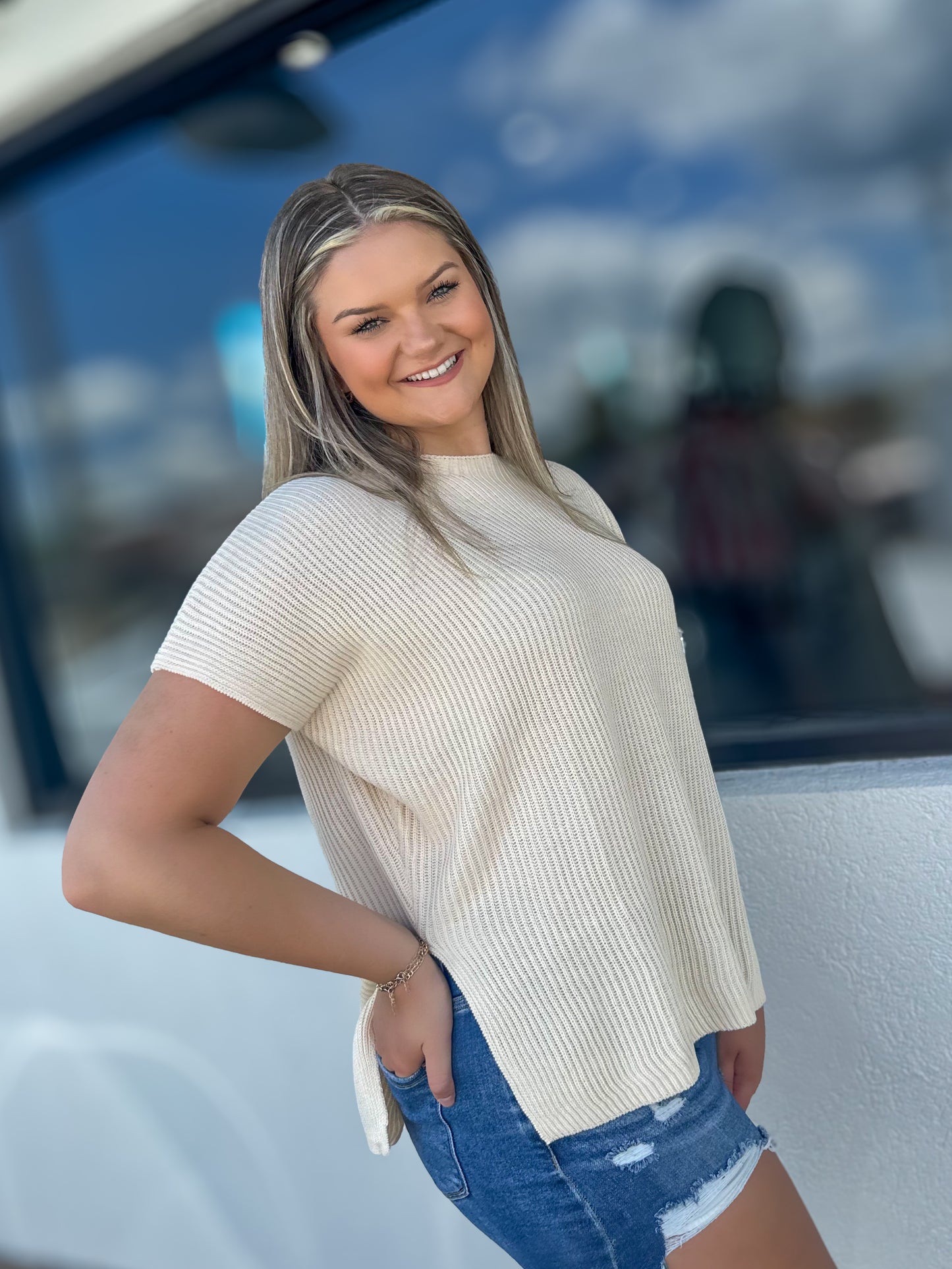 Oversized Side Slit Cream Sweater