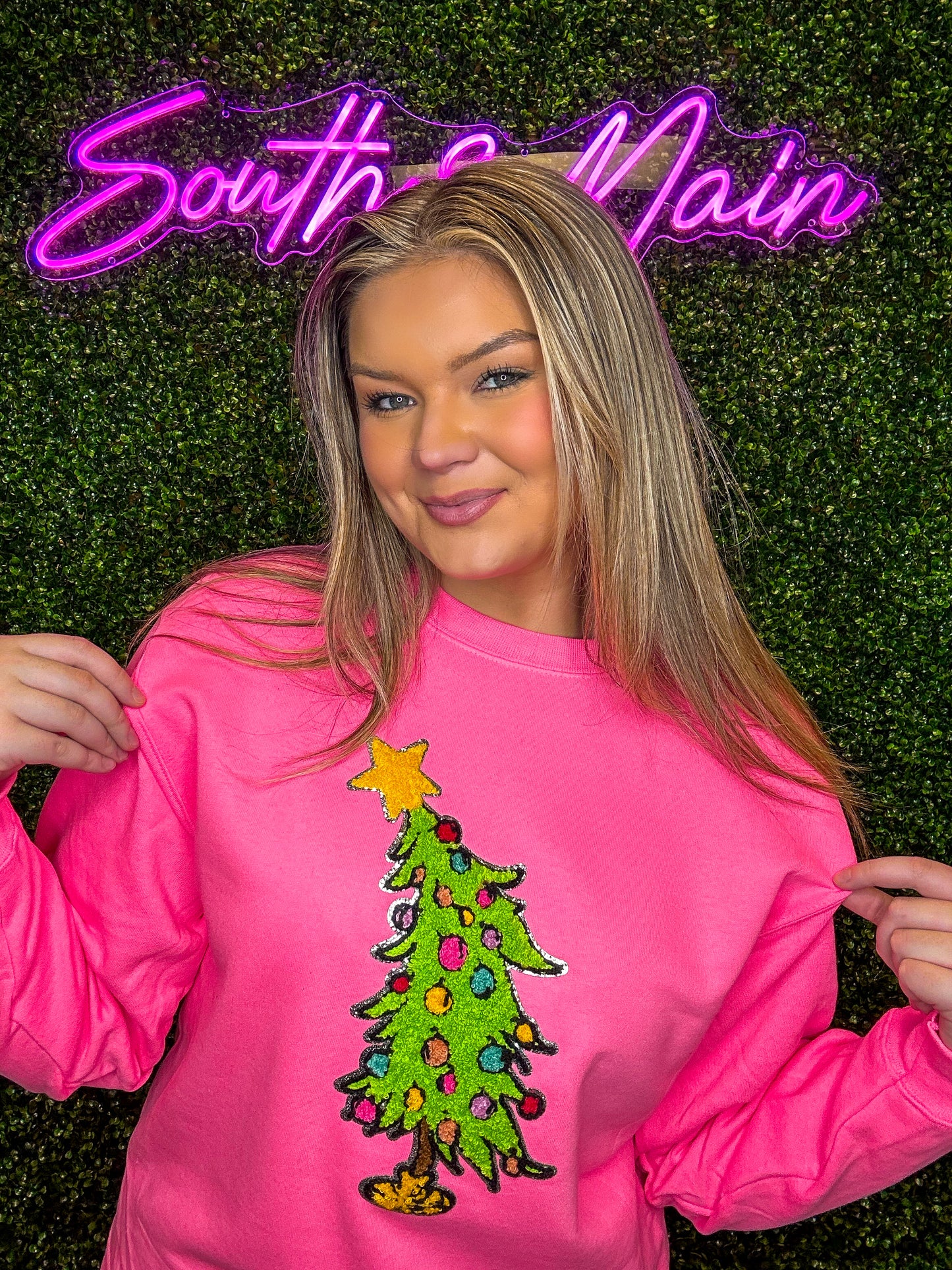 Grinch Tree Chenille Sweatshirt - Bright Pink