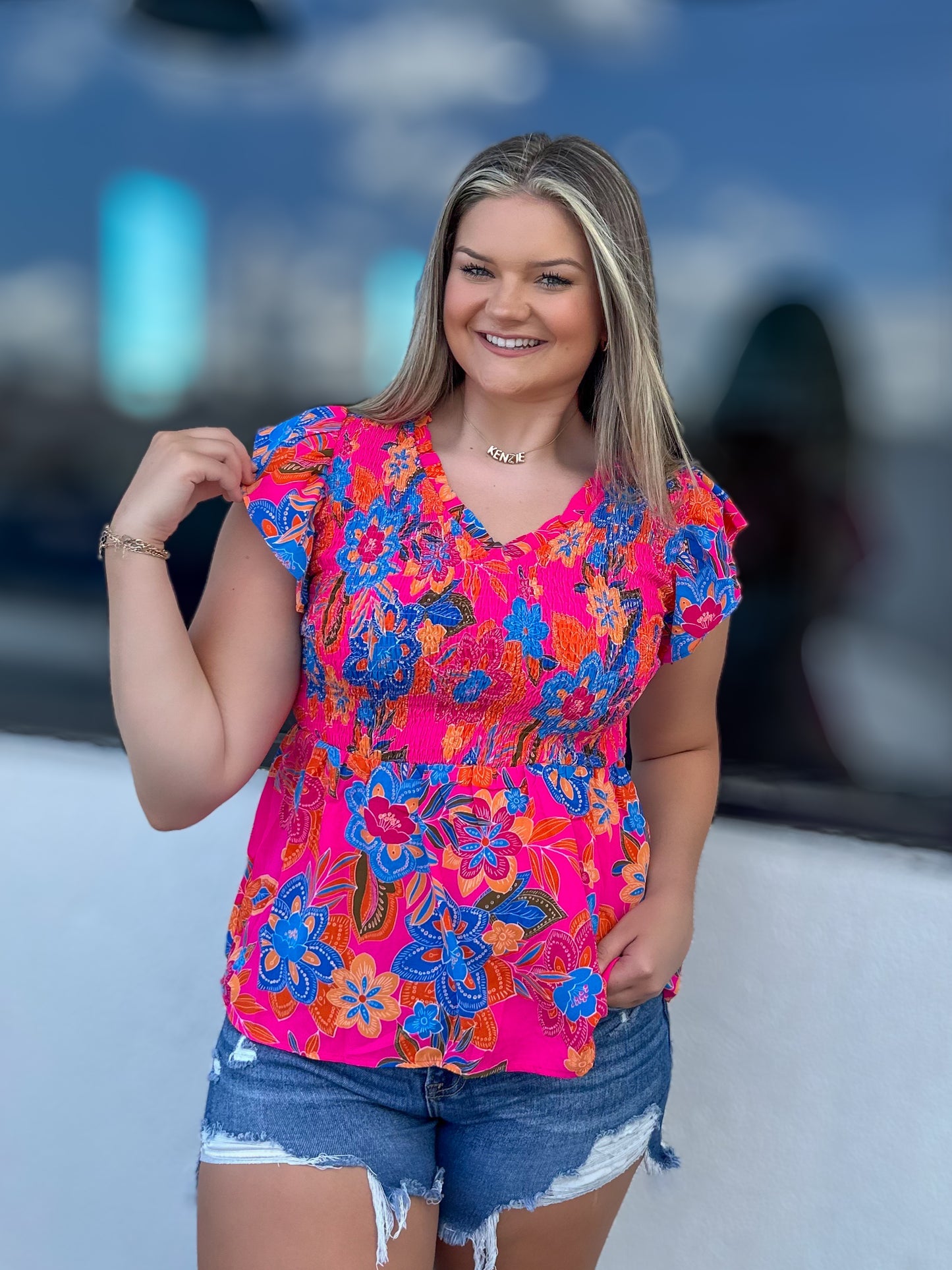Bright Floral Smocked V-Neck Top