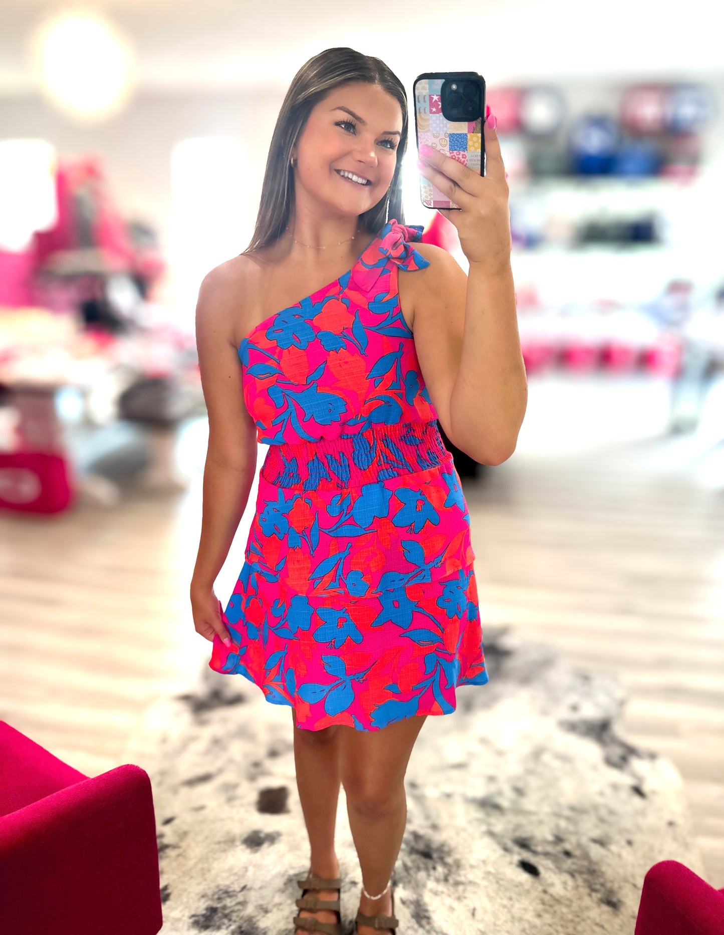 One Shoulder Smocked Floral Dress
