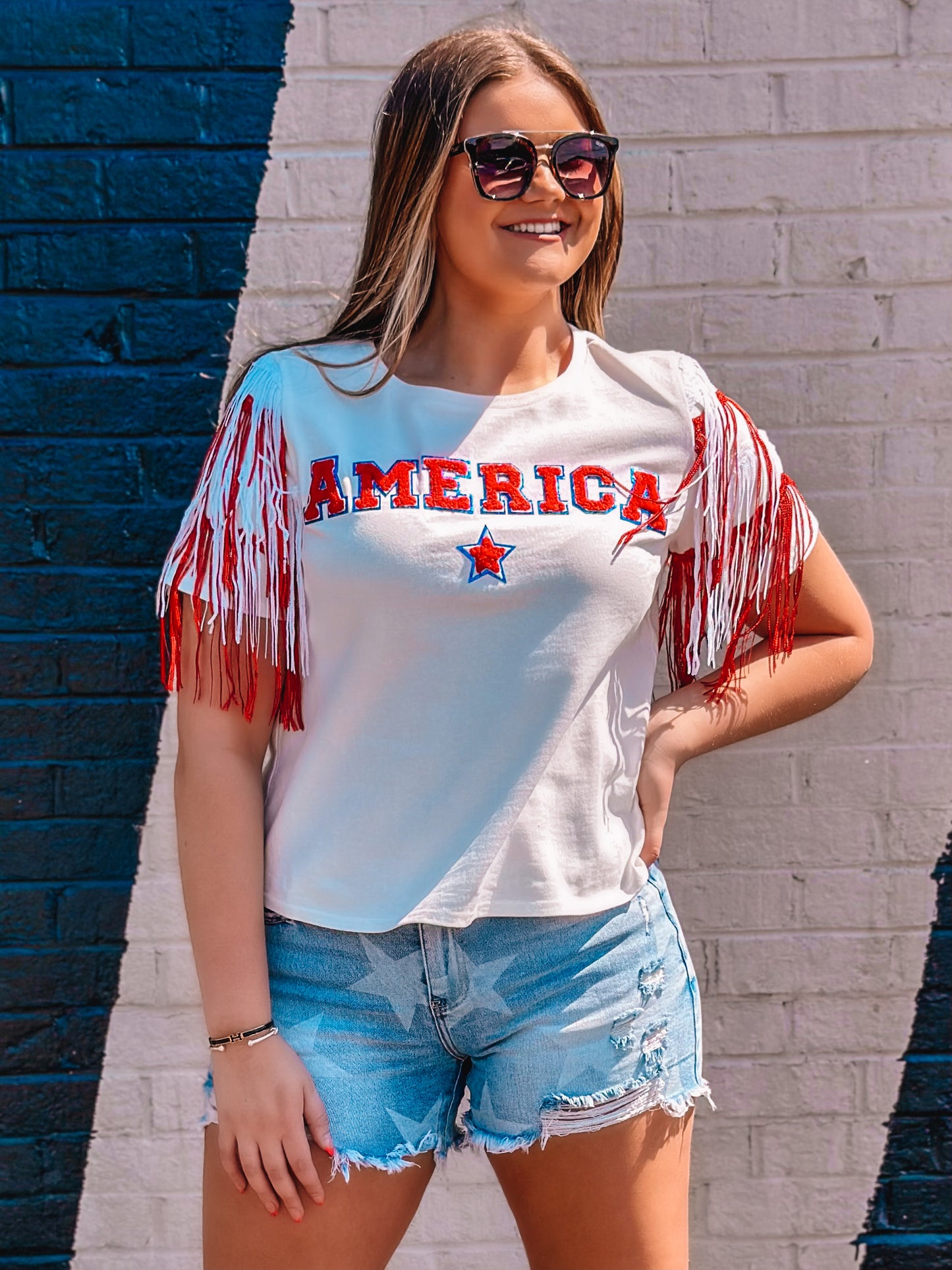 Sequin AMERICA Fringe Knit Top