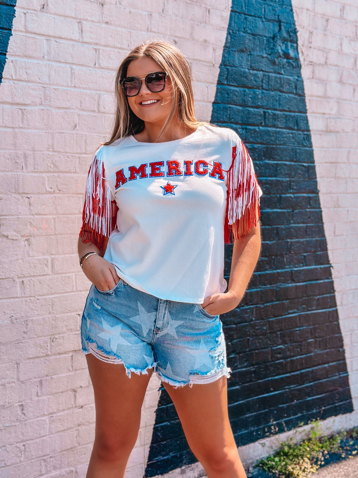 Sequin AMERICA Fringe Knit Top