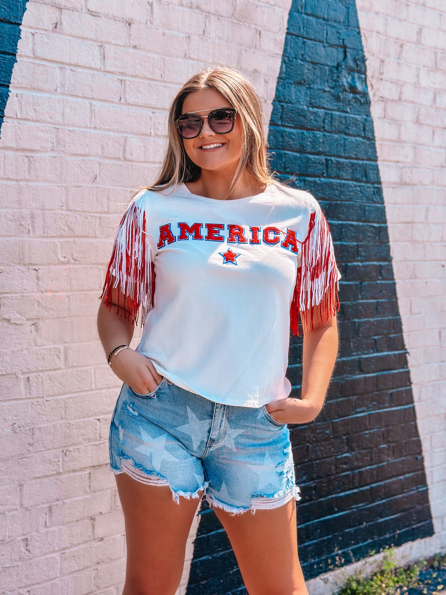 Sequin AMERICA Fringe Knit Top