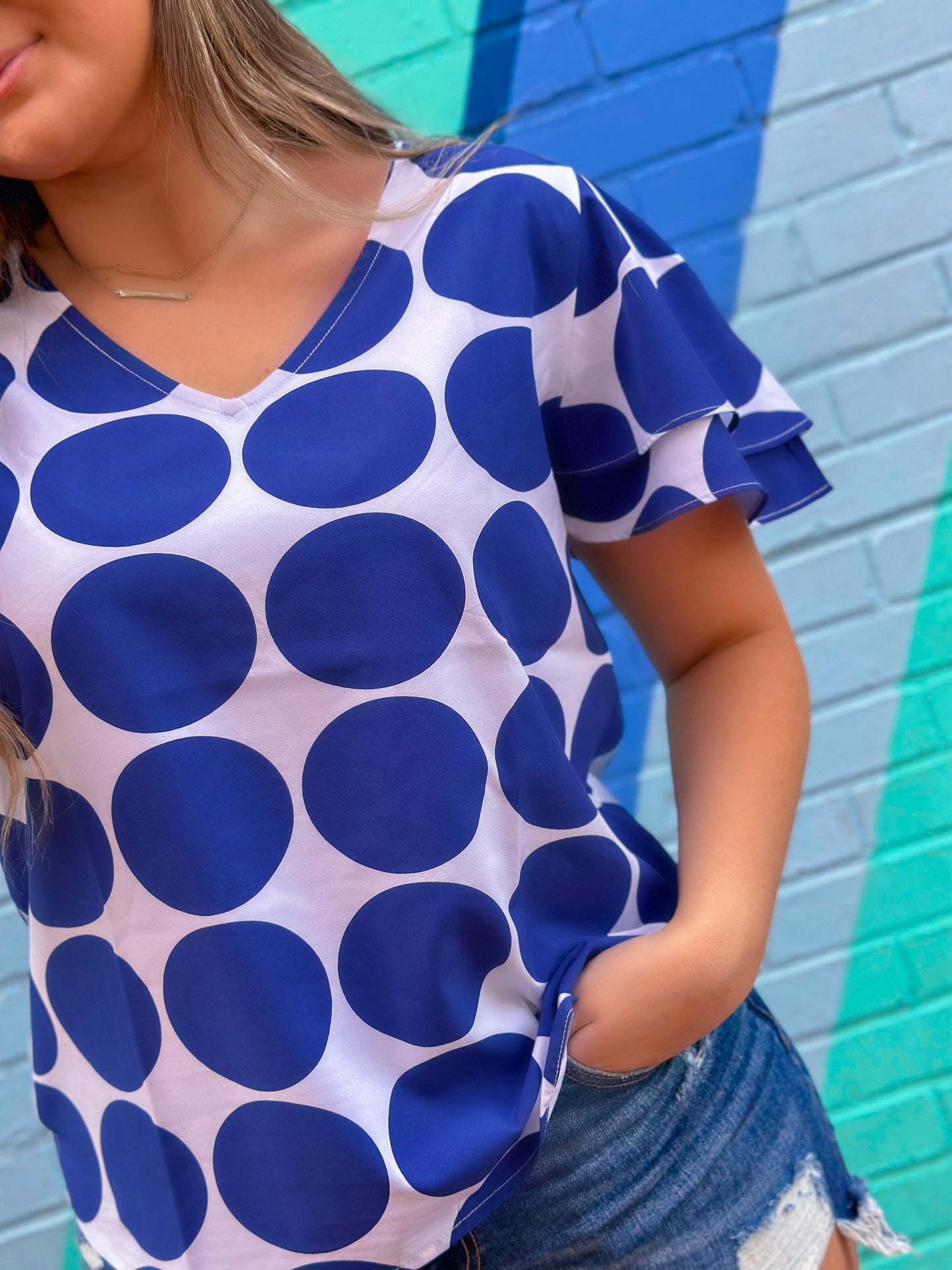 Navy + White Polka Dot Short Sleeve Top