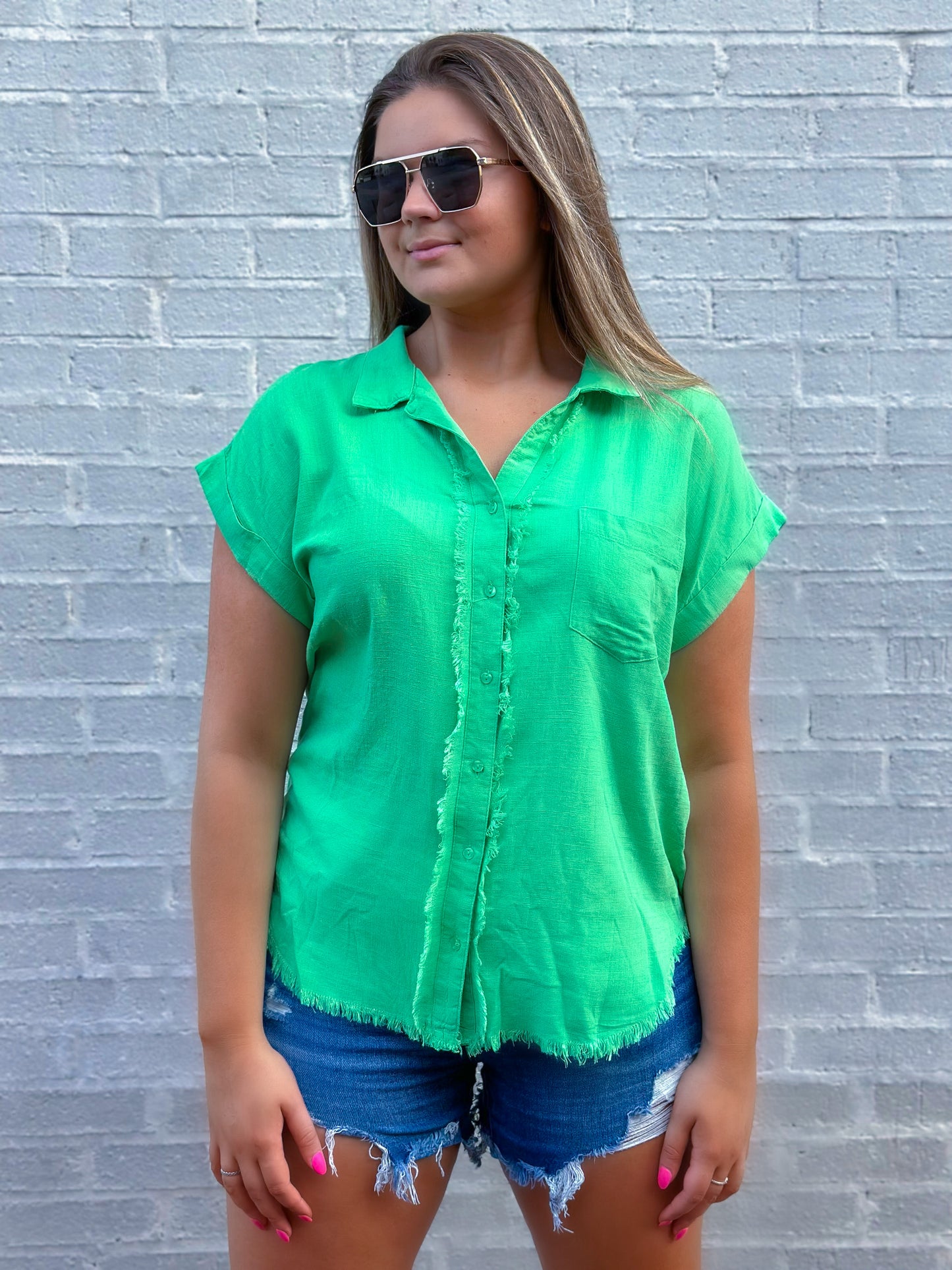 Green Fringe Button Up