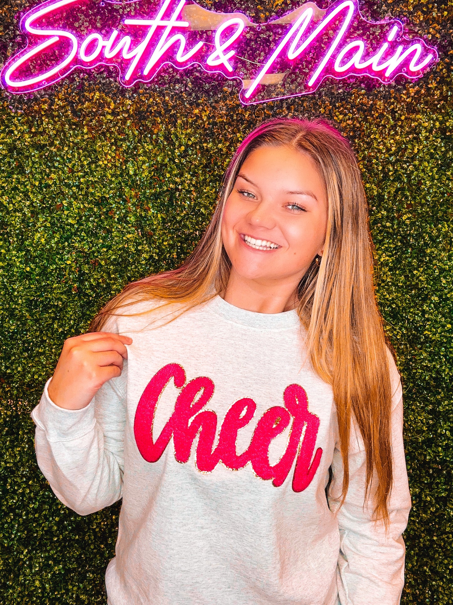 Hot Pink Cheer Script Chenille Sweatshirt