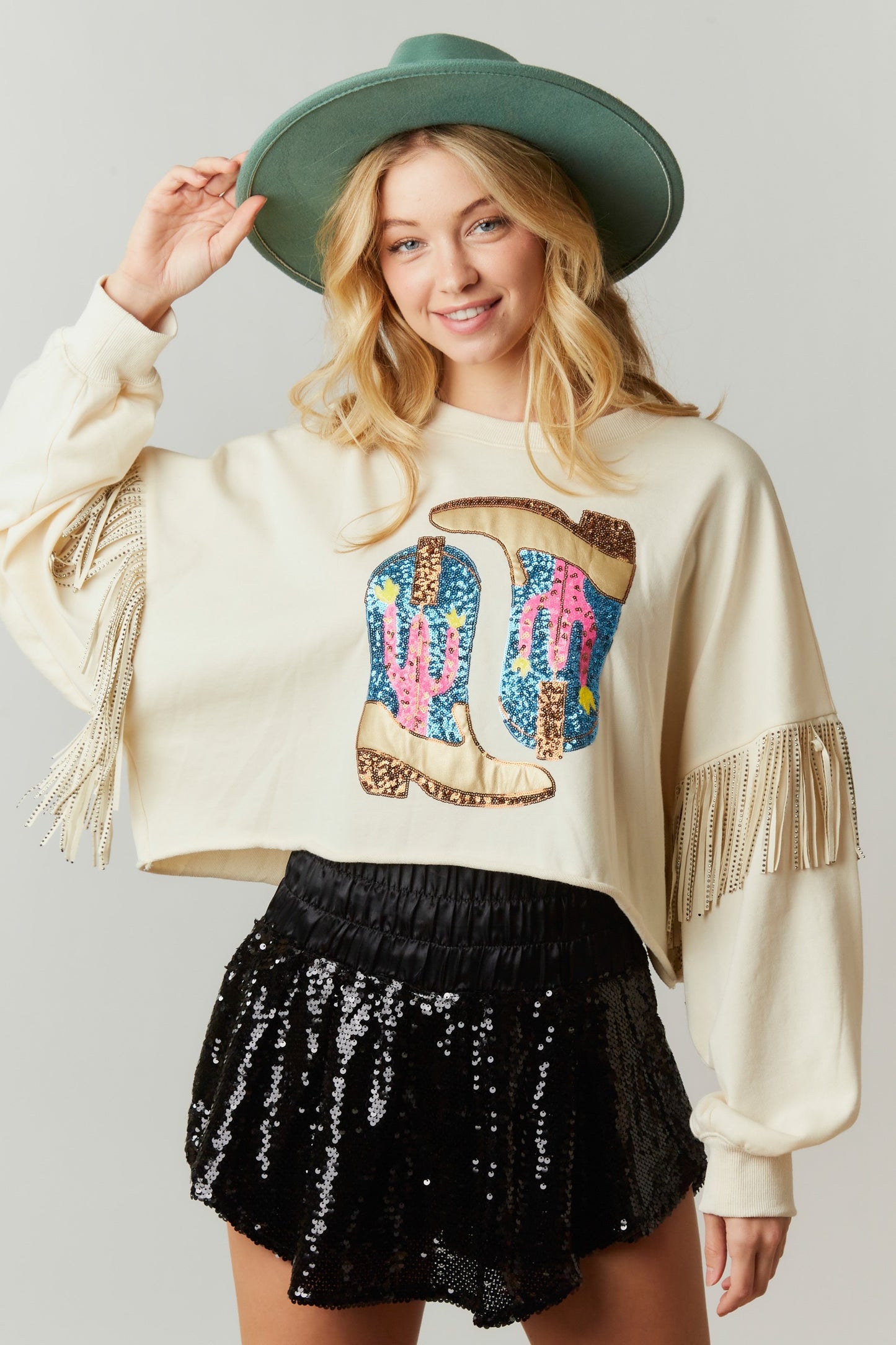 Boot Kickin' Sequin Fringe Crop Sweatshirt