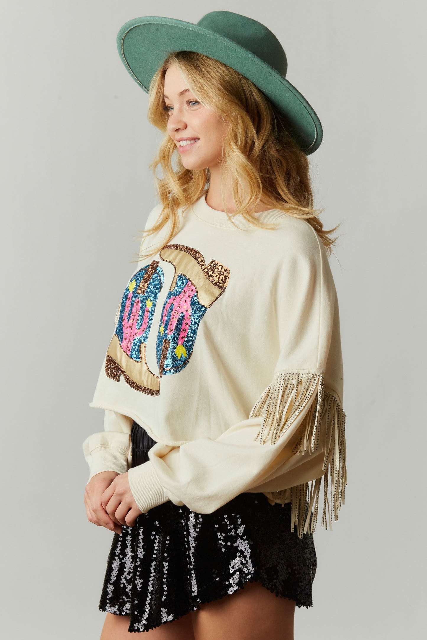 Boot Kickin' Sequin Fringe Crop Sweatshirt