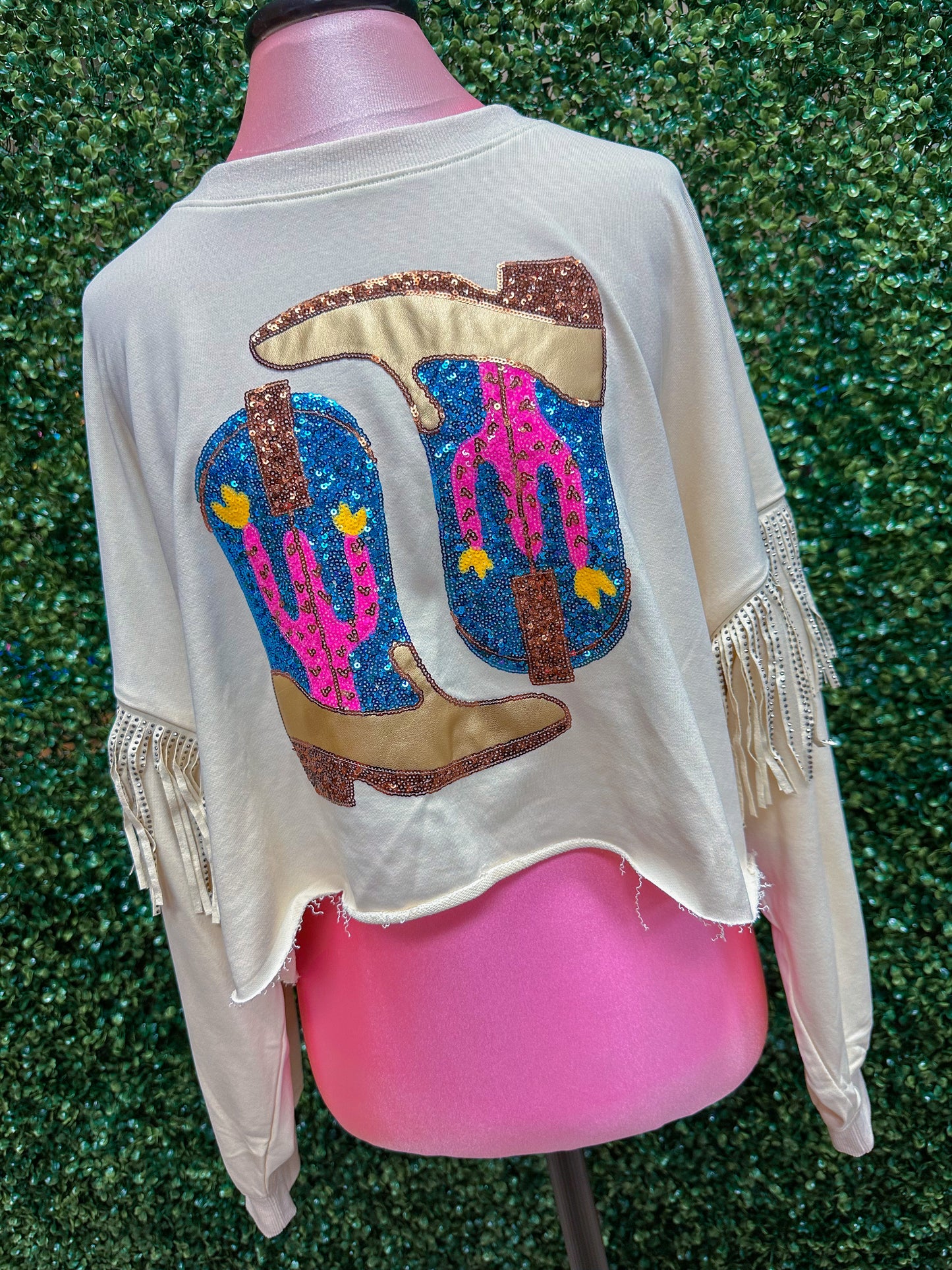 Boot Kickin' Sequin Fringe Crop Sweatshirt