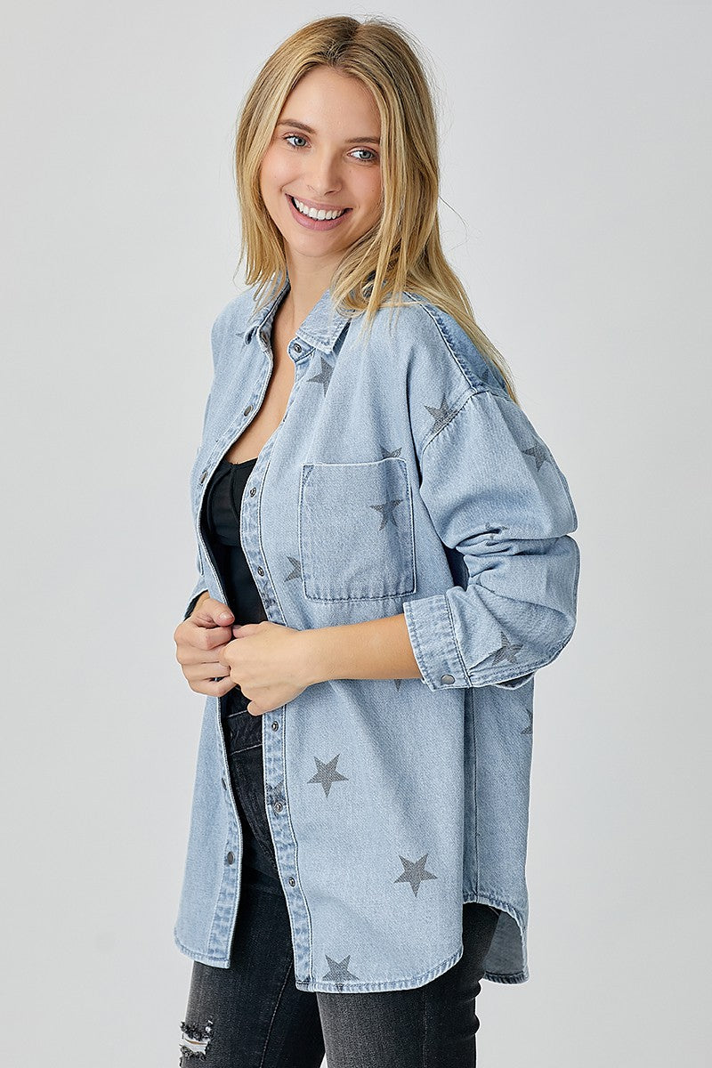 Oversized Star Print Button Down Top