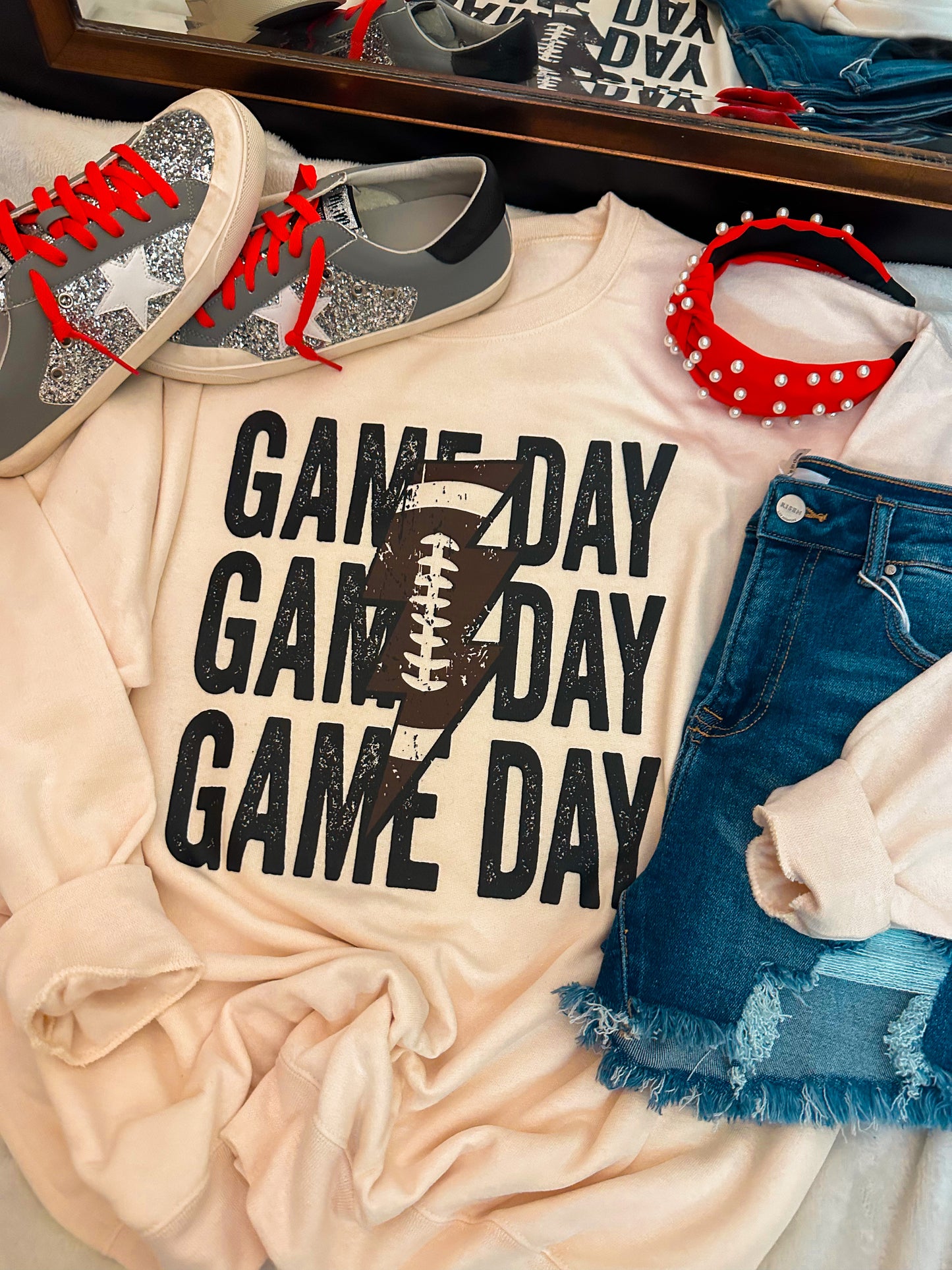 GAME DAY Football Lightning Bolt Sweatshirt (Cream)