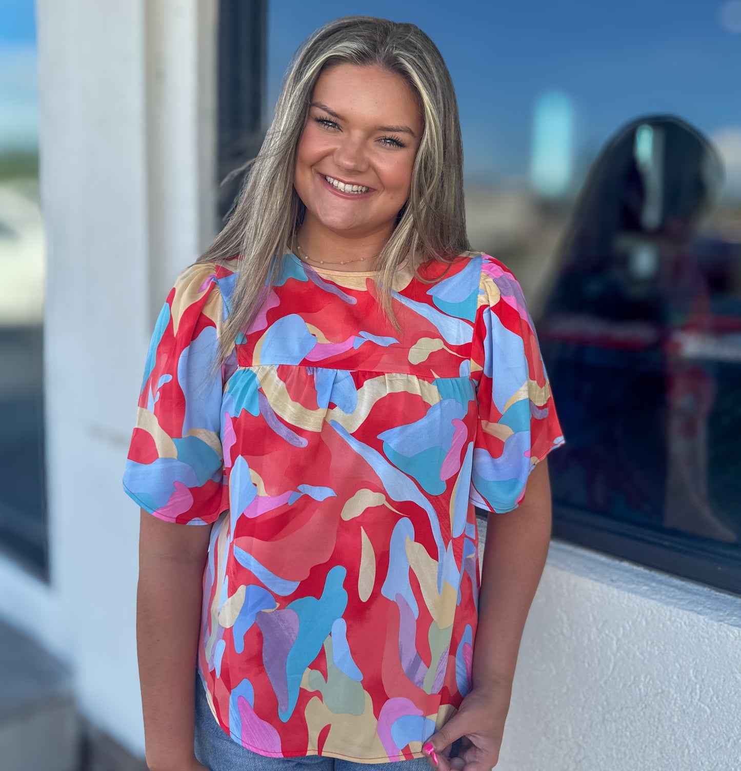 Wide Sleeve Multi-Colored Abstract Top