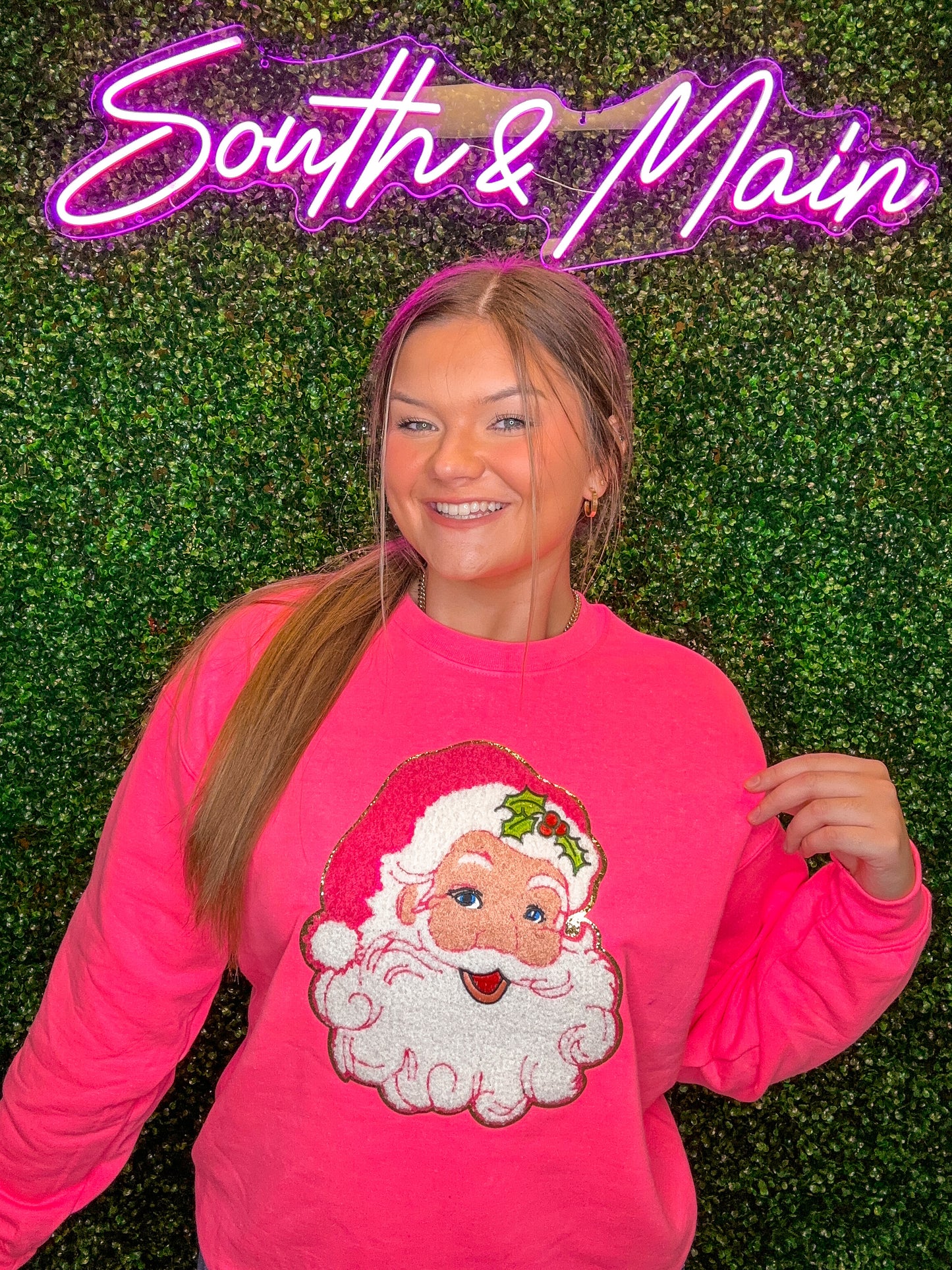 Santa Claus Chenille Sweatshirt - Bright Pink