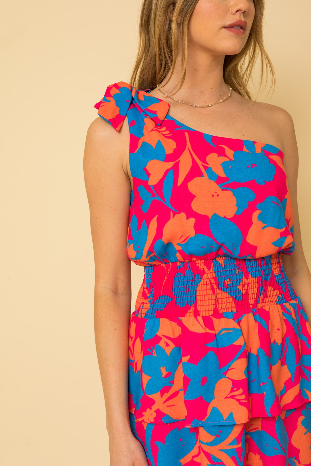 One Shoulder Smocked Floral Dress