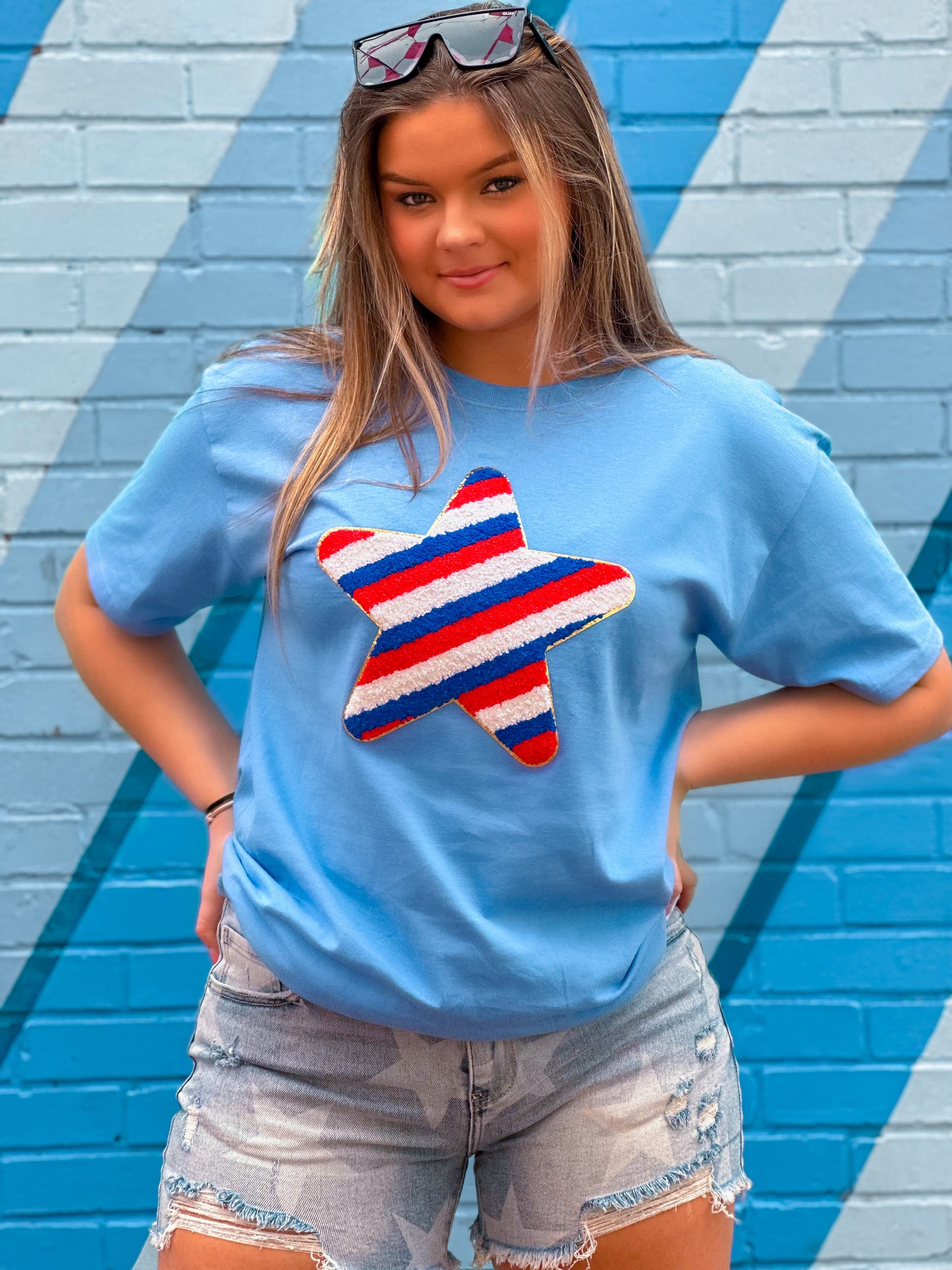 Striped Star Chenille Carolina Blue T-Shirt