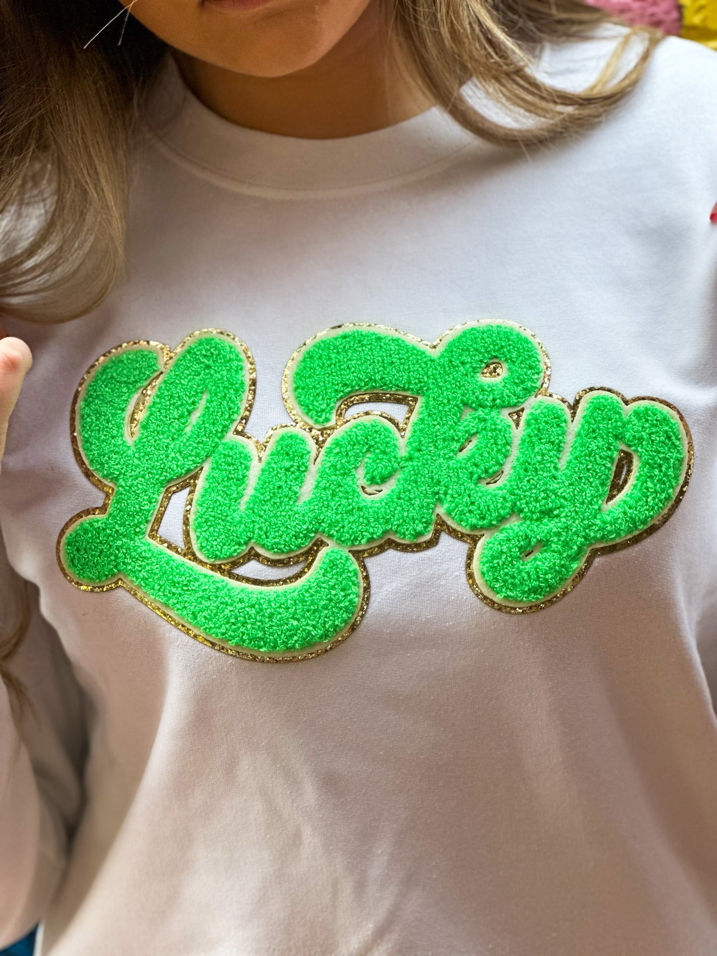 White Sweatshirt w/ Green Chenille LUCKY