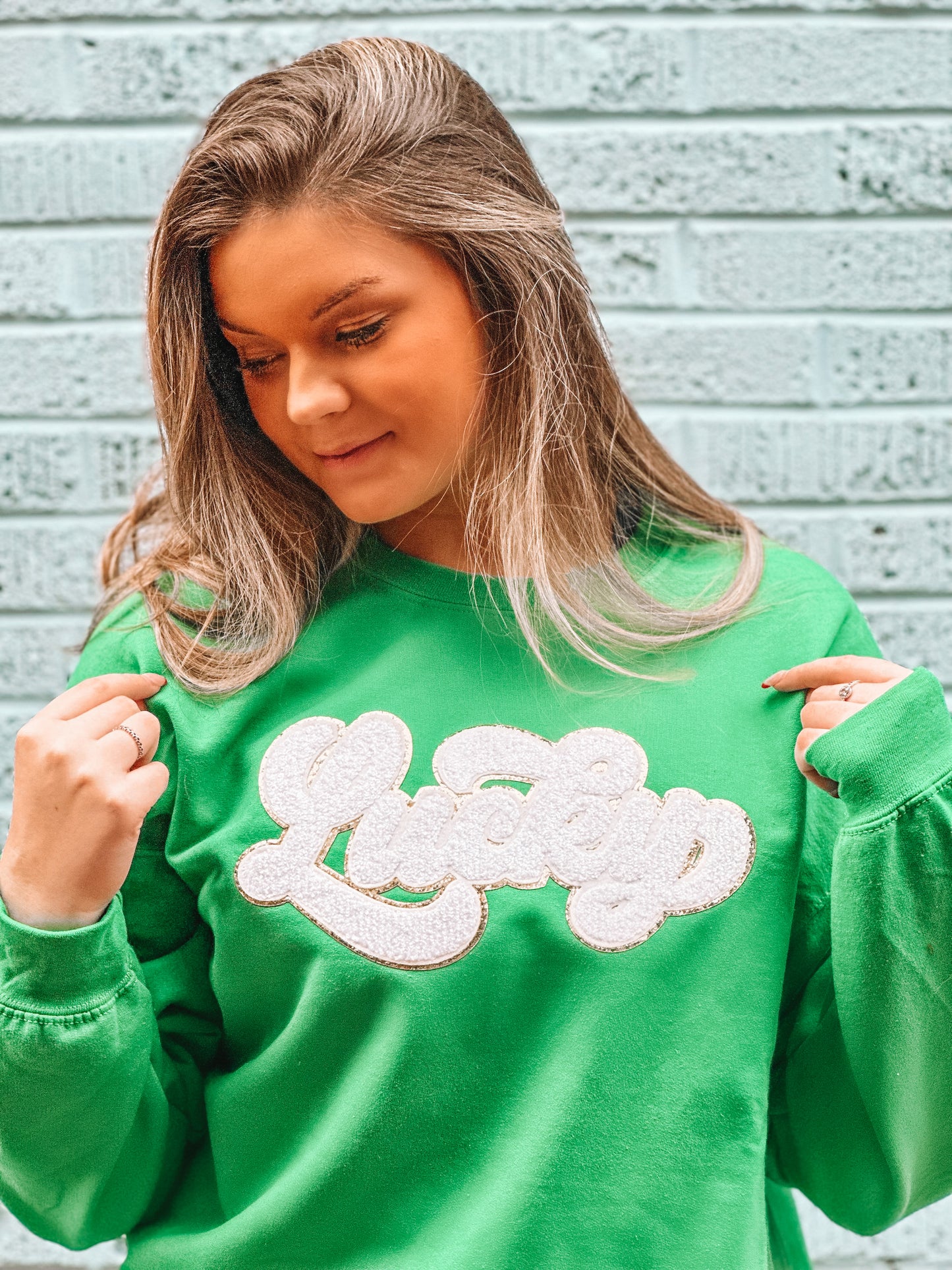 Green Sweatshirt w/ White Chenille LUCKY