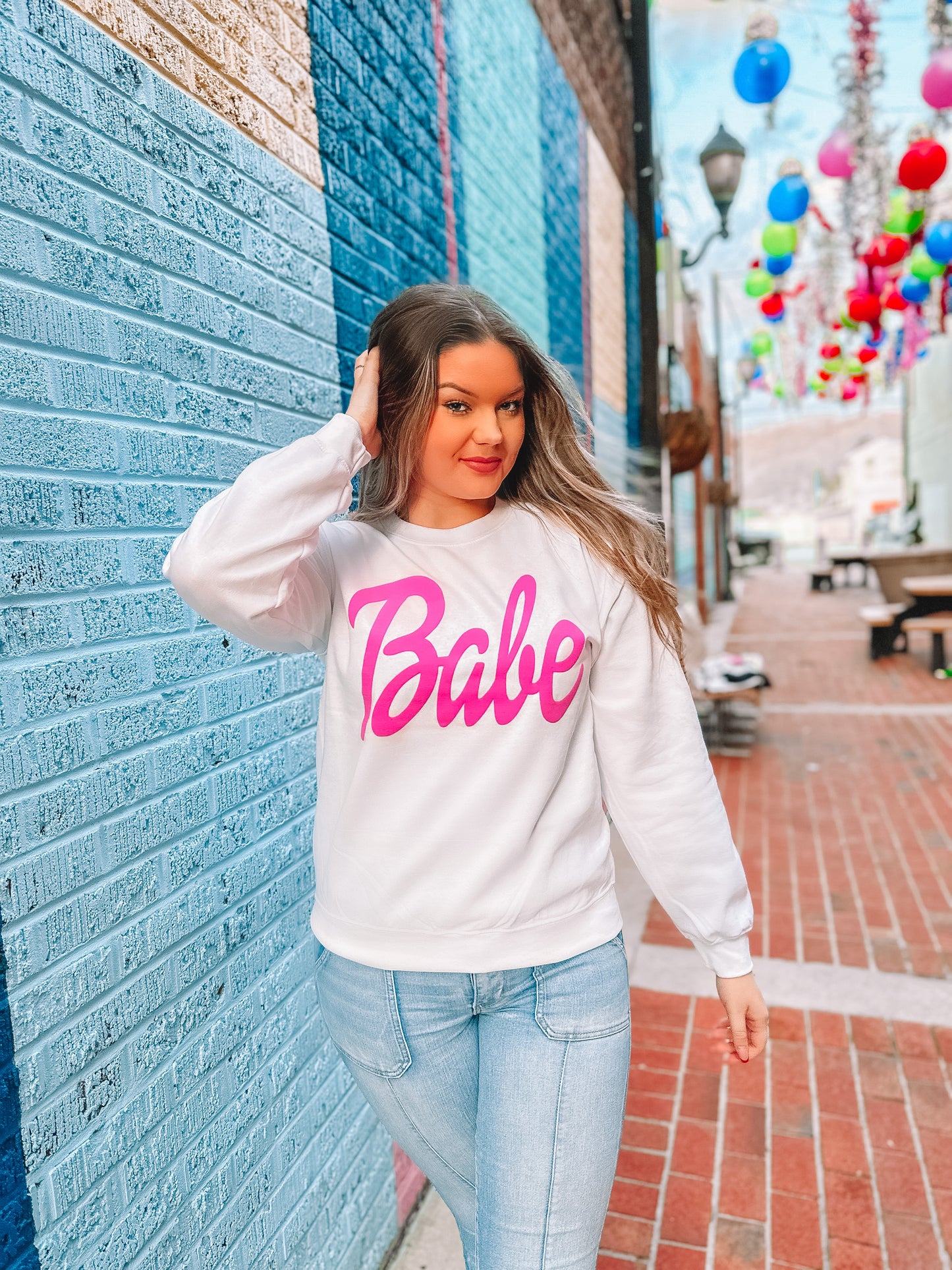 White Sweatshirt w/ Hot Pink BABE Puff