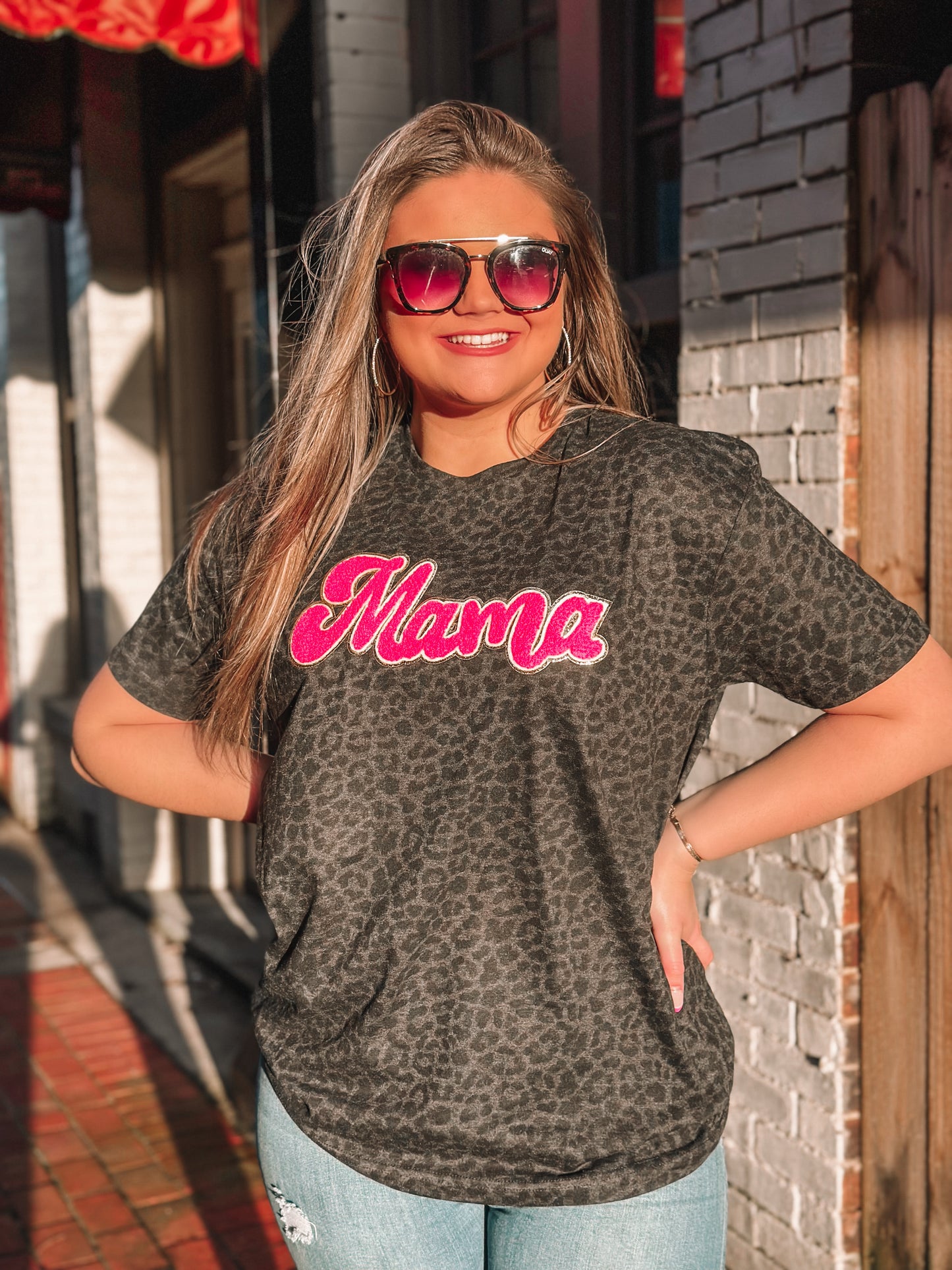 Black Leopard T-Shirt w/ Hot Pink MAMA Chenille