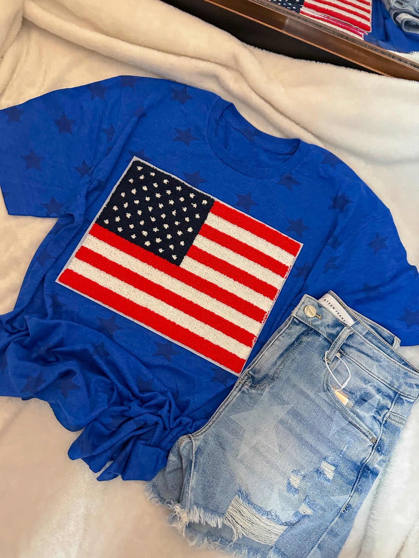 American Flag Chenille Royal Blue Star T-Shirt