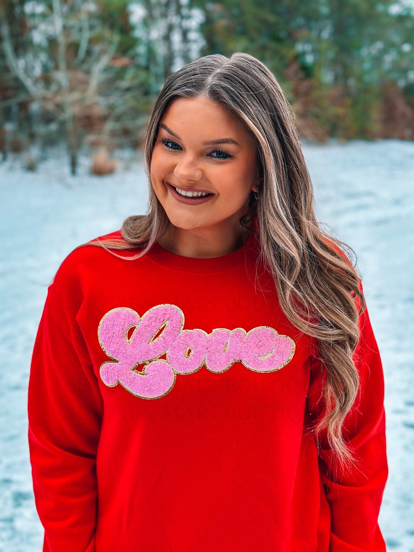 LOVE Light Pink Chenille Sweatshirt (Red)