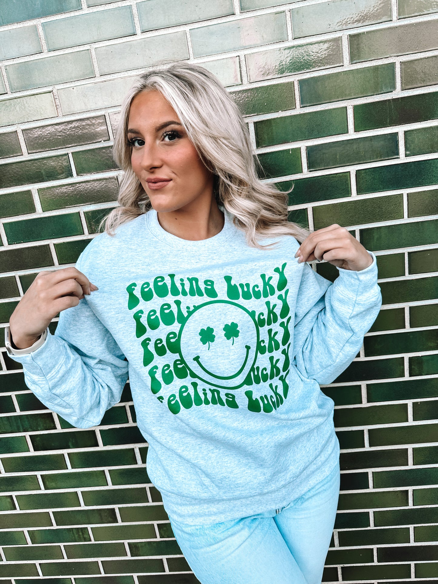 Feeling Luck Smiley Face Sweatshirt (Light Grey)