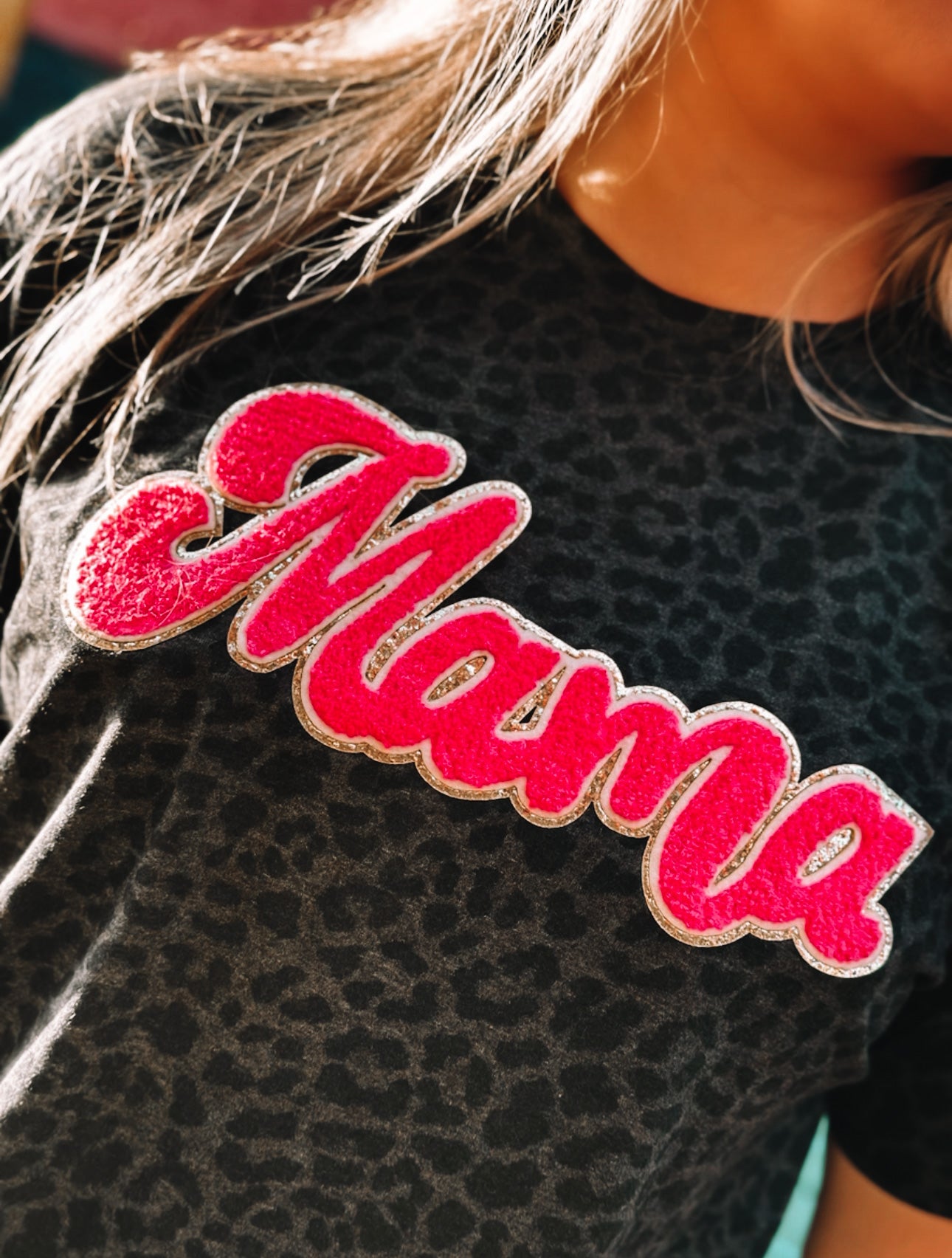 Black Leopard T-Shirt w/ Hot Pink MAMA Chenille