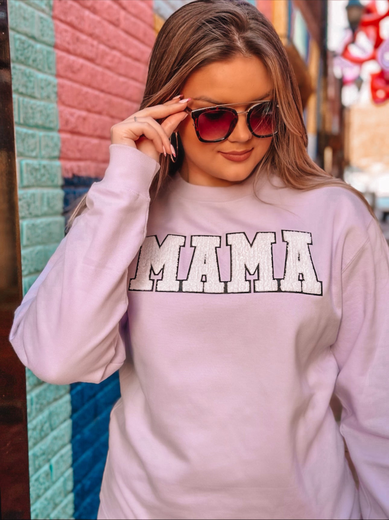 Light Purple Sweatshirt w/ White/Black MAMA Chenille