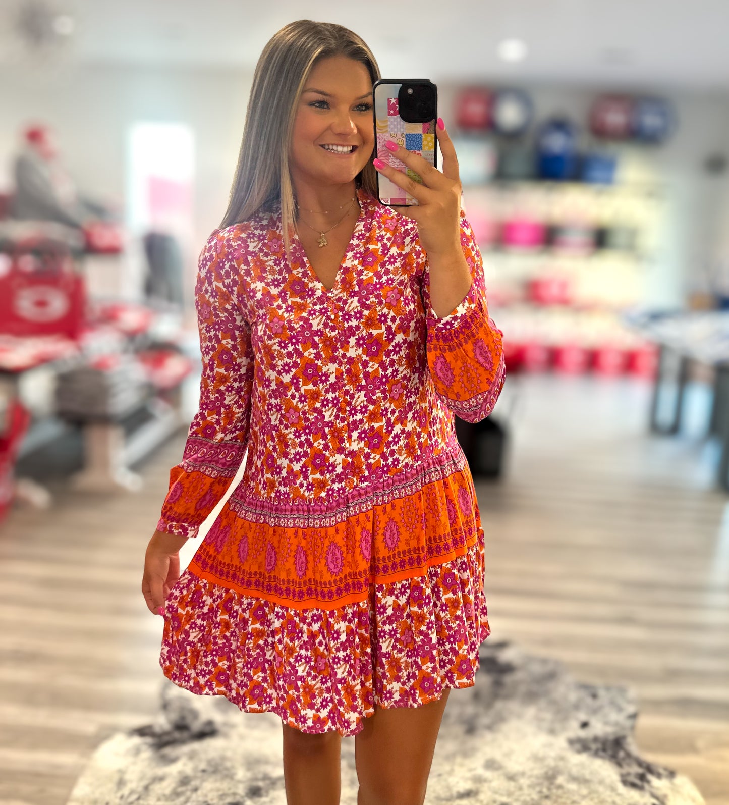 Boho Pink Orange Floral Dress