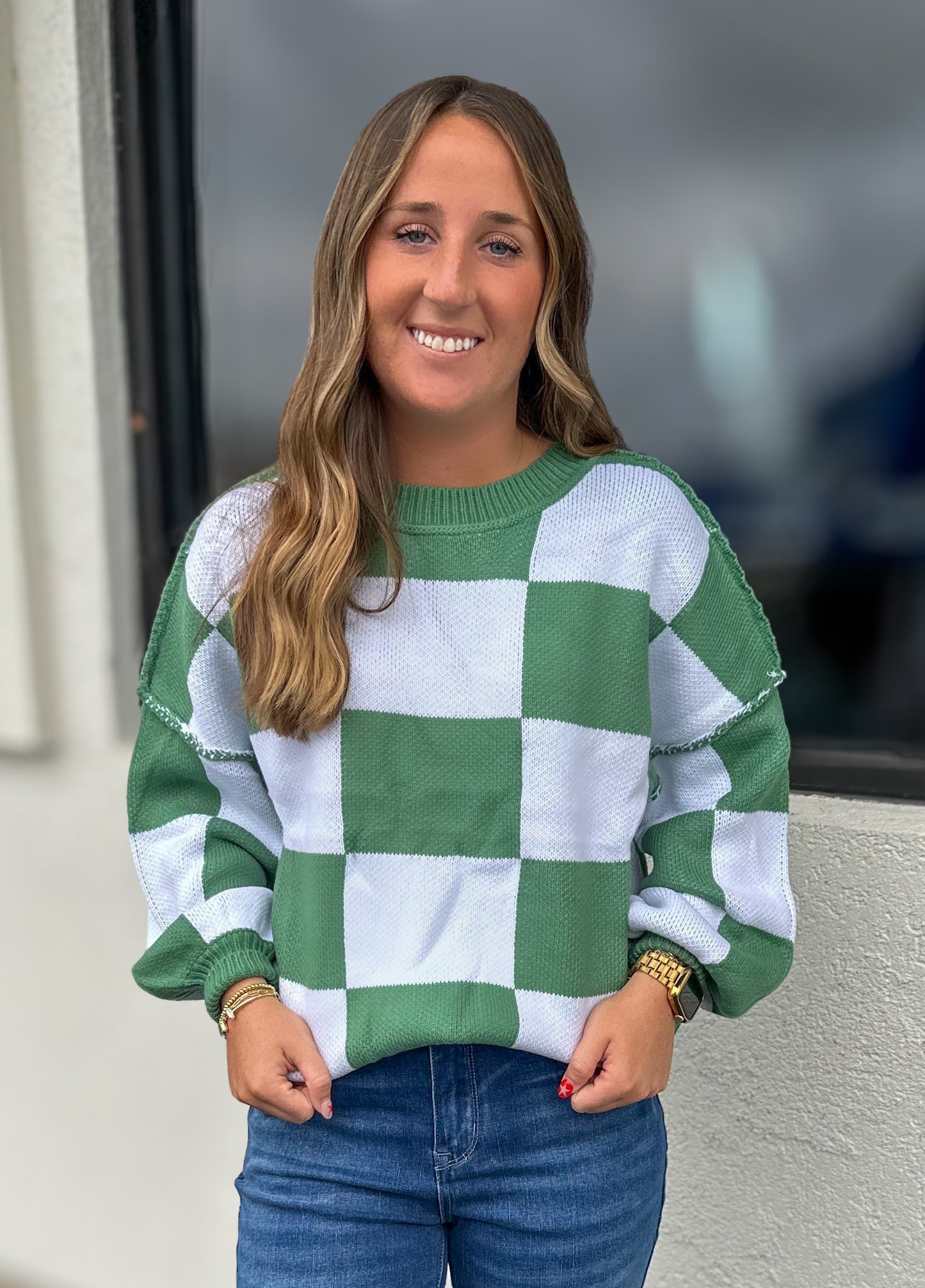 Green Checkered Sweater Top