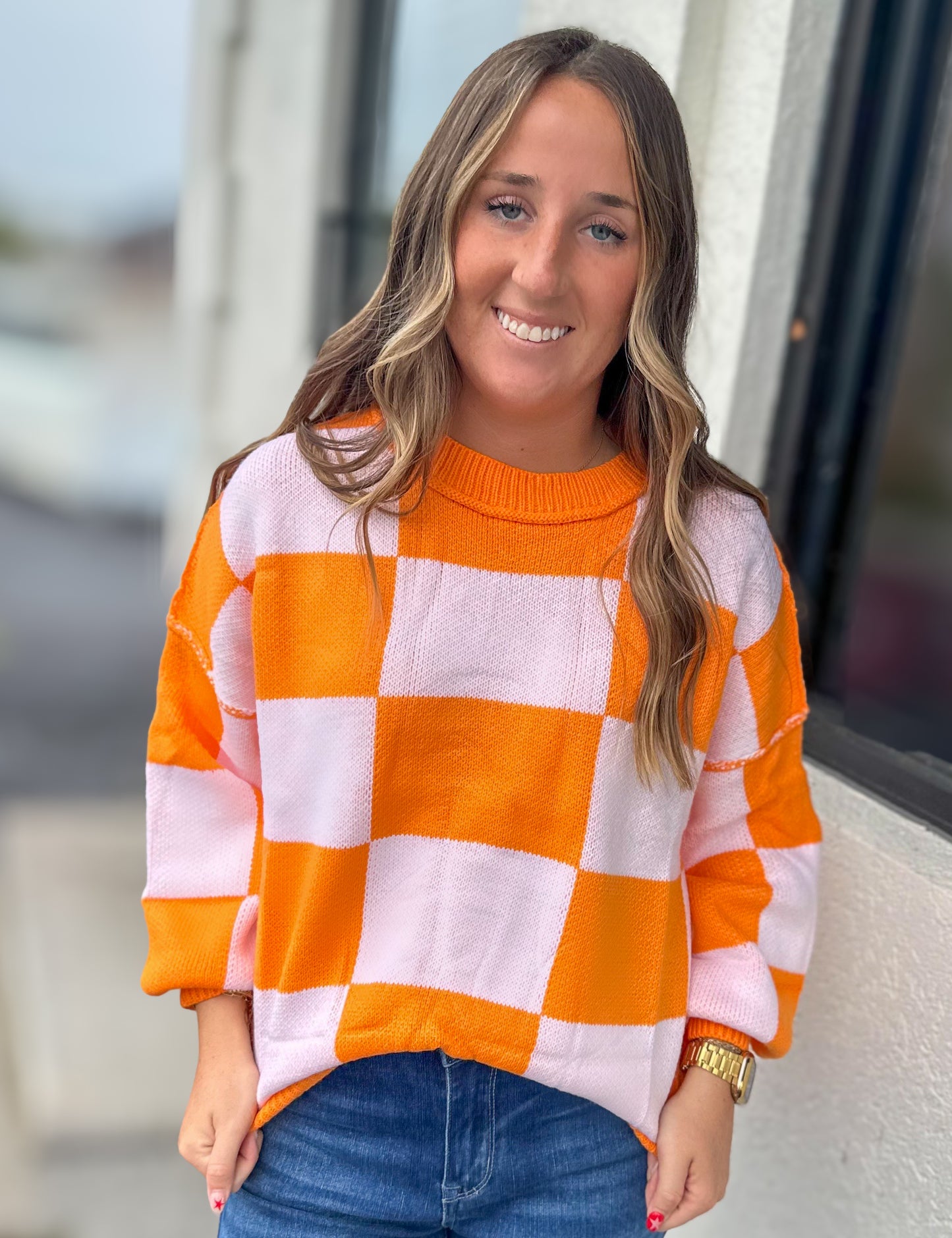 Orange Checkered Sweater Top