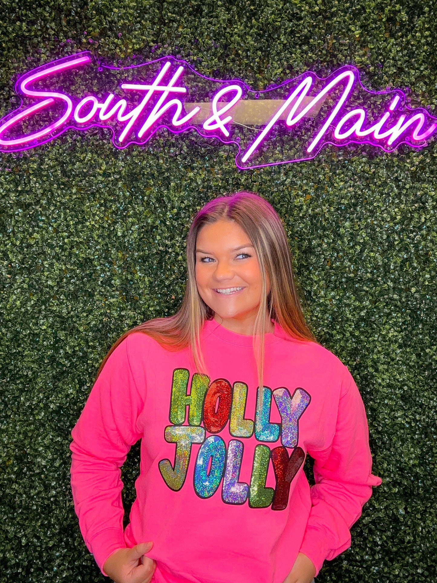 HOLLY JOLLY Sequin Sweatshirt - Bright Pink