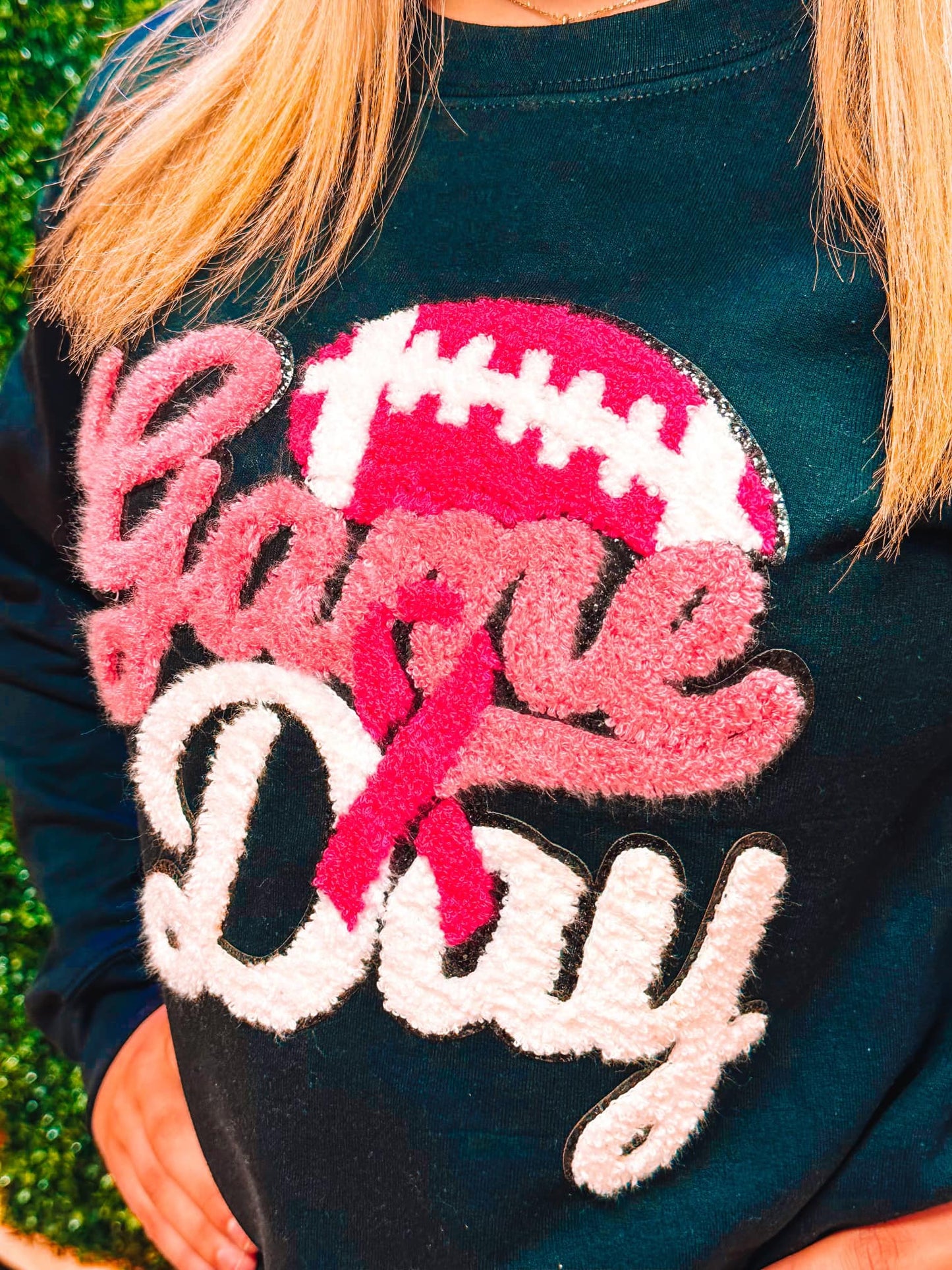 Pink Breast Cancer Awareness Game Day Football Chenille Sweatshirt