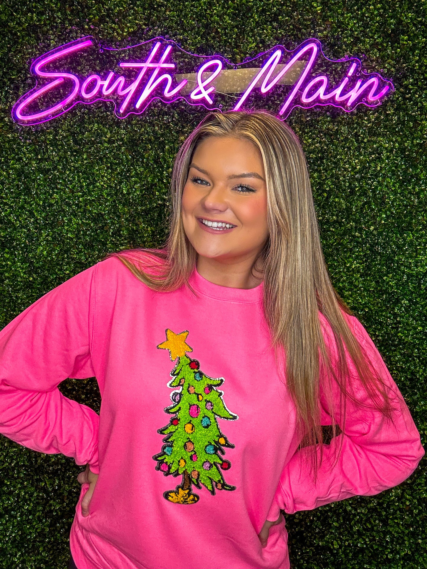 Grinch Tree Chenille Sweatshirt - Bright Pink